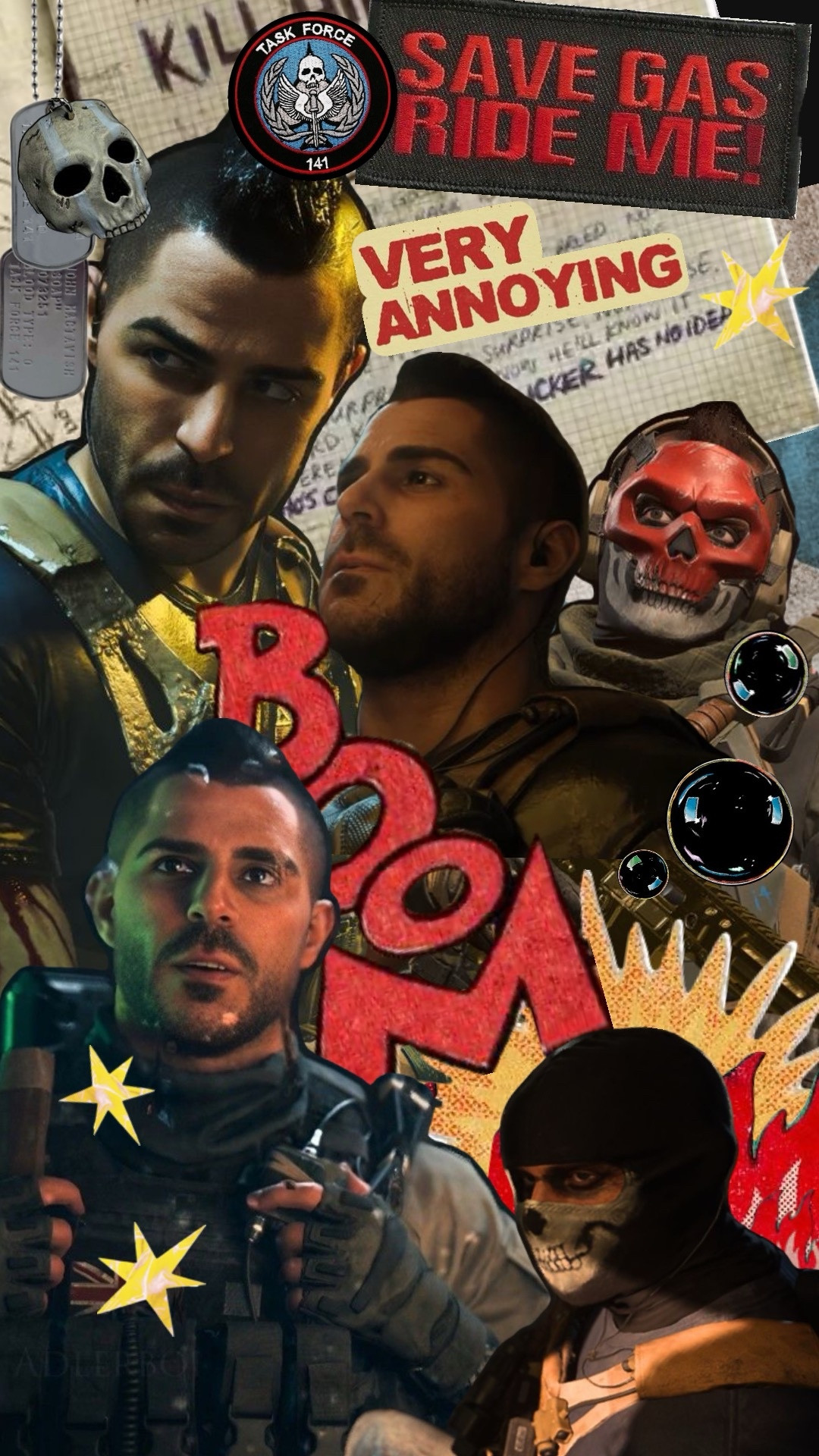 a collage of soap mactavish, primarily in red and yellow. there's stars scattered are stars scattered around and the word BOOM in big red letters 