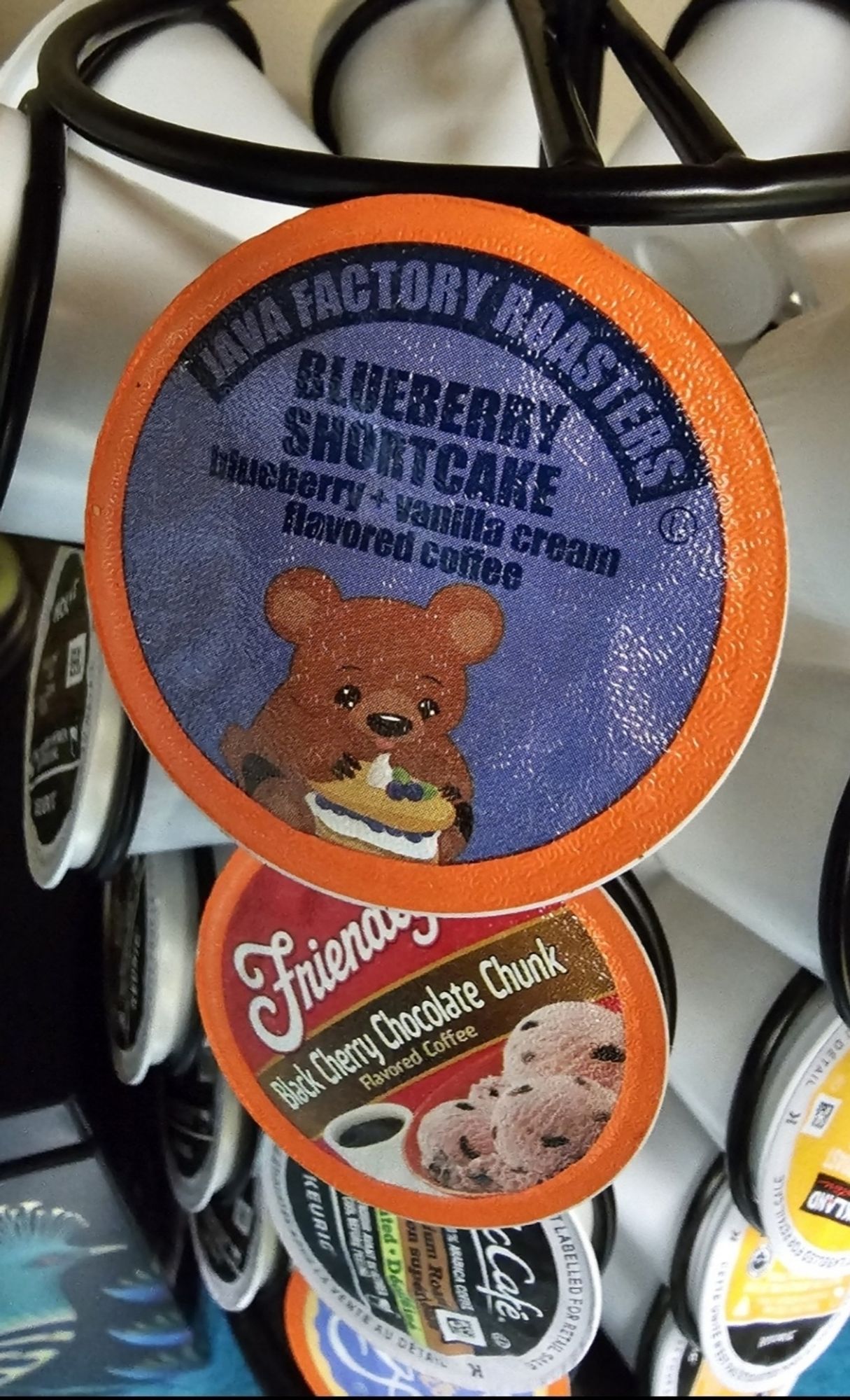 Blueberry shortcake flavoured coffee pod with a cute bear on the label, obviously designed to turn ursines into coffee addicts.