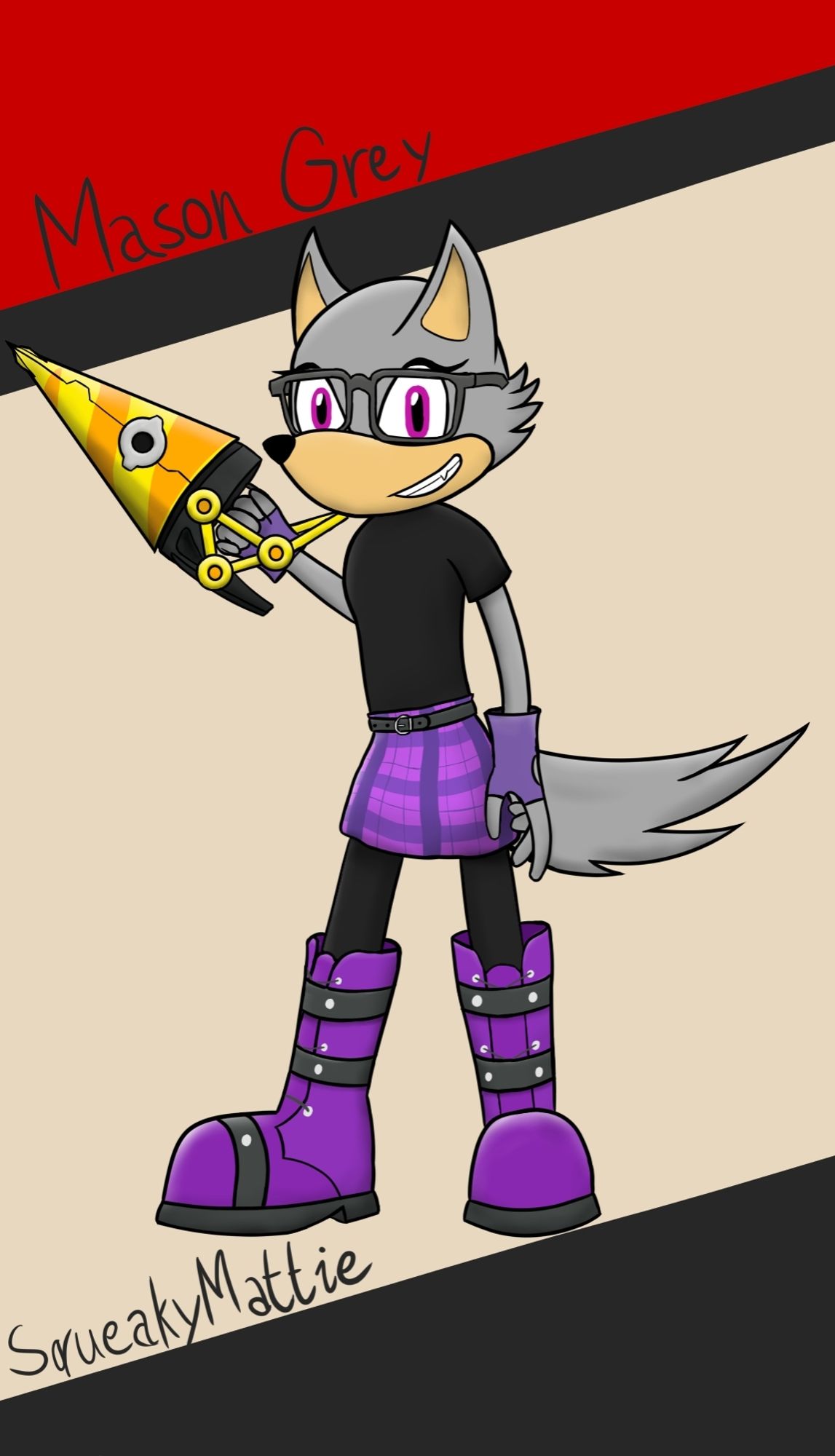 Sonic fan character, grey furred wolf girl. Wearing a
black T-shirt, black leggings, purple skirt, big purple
boots, faded purple fingerless gloves, dark grey
glasses. She's standing in front of a simple color
background that's based on the Sonic Forces avatar
customisation. She's holding a drill wispon from the
game, pointed slightly up. Her name, Mason Grey, is
written above her.