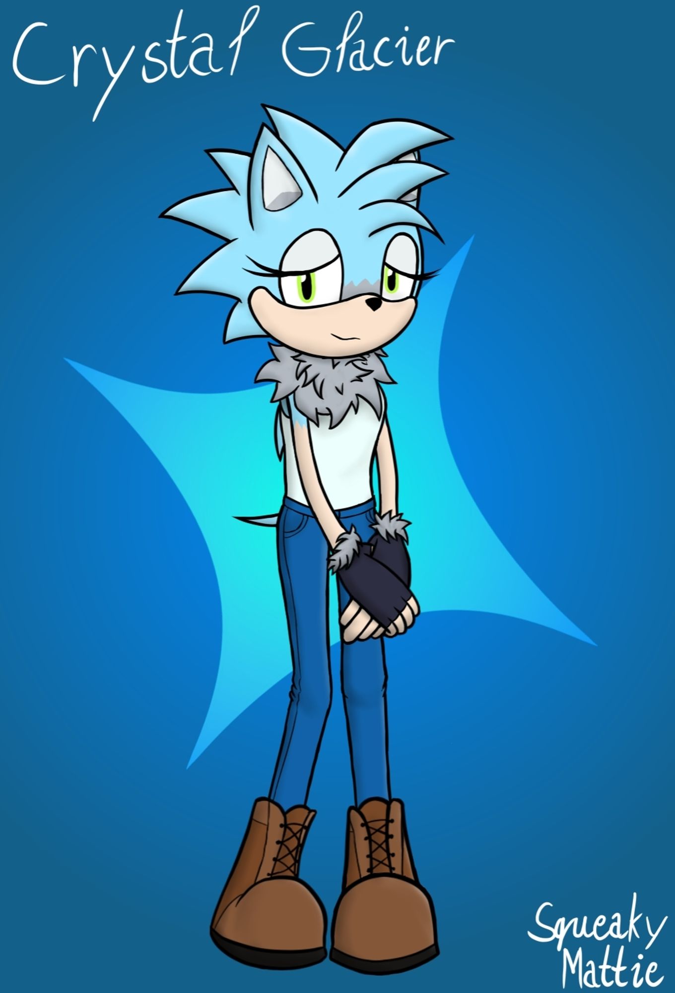 A light blue Mobian hedgehog girl with short quills. Pale muzzle and arms. She has a lot of messy grey fluff around her neck. She's wearing a white tank top, blue jeans, brown boots, and nearly black fingerless gloves. She's standing with her knees close to each other and her hands together in front of herself in a shy manner. A subtle, shy smile on her face. Her name, Crystal Glacier, is written in the top left corner.