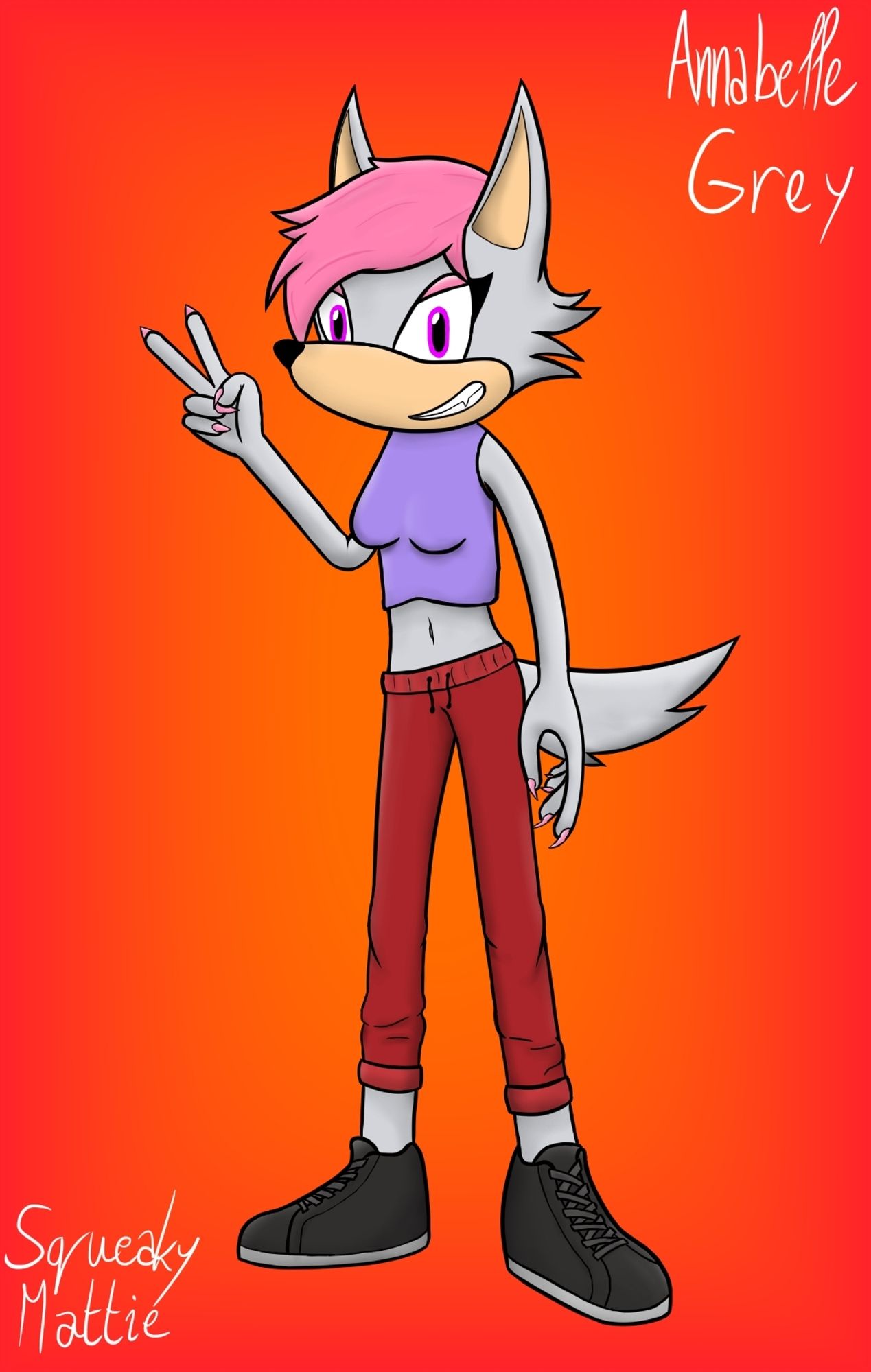 A light grey Mobian wolf woman. She has a large tuft of bright pink hair on the top of her head, a light tan muzzle, and long pointy ears. She has sharp, claw-like fingernails painted pink. She's facing the viewer with a smile and has her right hand up in a peace sign pose. She's wearing a violet purple sleeveless crop top, dark red sweat pants, and black sneakers. Her name, Annabelle Grey, is written next to her.