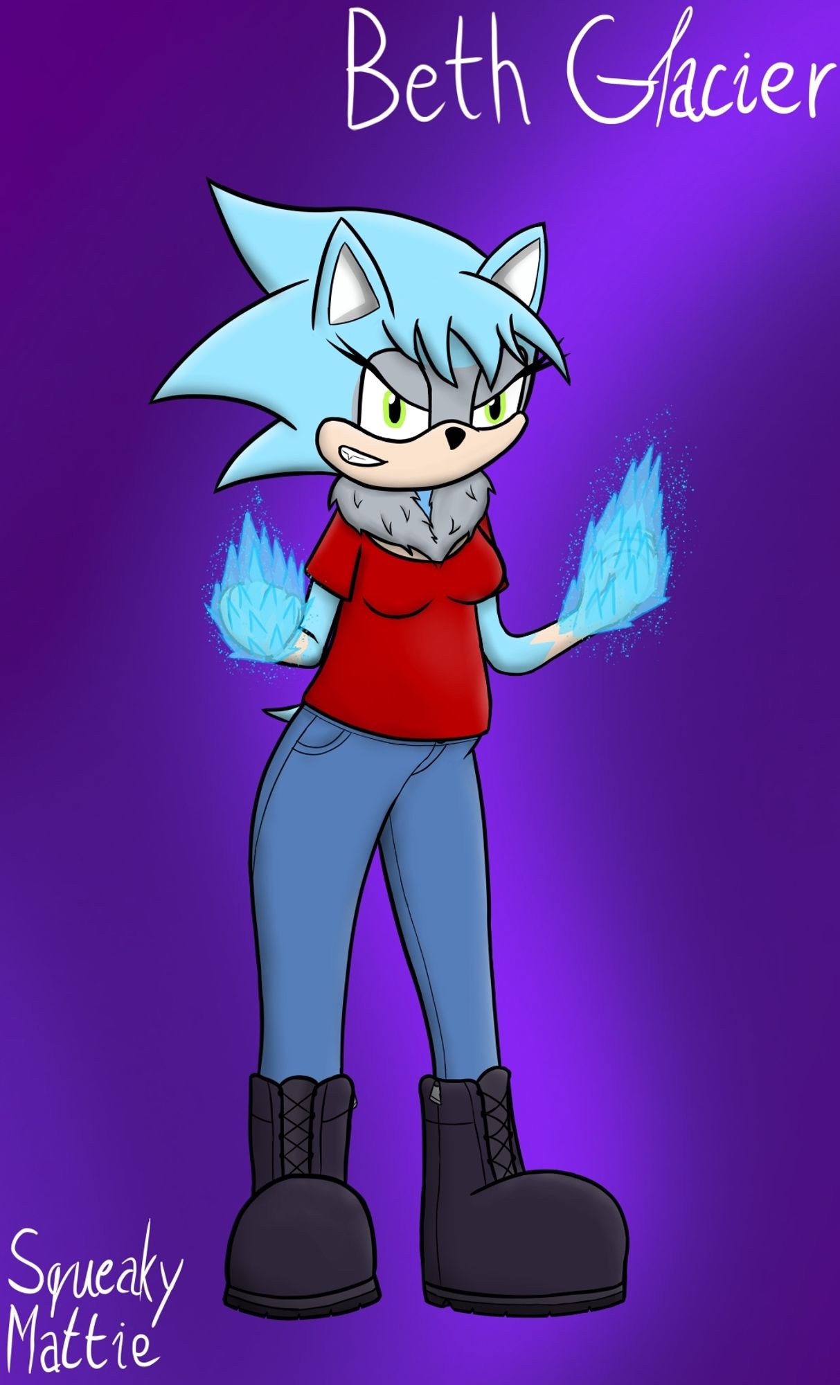 Beth Glacier. A light blue Mobian hedgehog woman. She has grey fur around her eyes. Her muzzle and forearms are a light tan color. Three quills are visible on her head, the lower two curving down slightly and the top one curving up slightly. She has grey fluff around her neck, similar to Crystal, though Beth's is a lot neater and not as messy. She's wearing a red blouse, faded blue jeans, and nearly black boots. Her fists are encased in sharp jagged ice. She's standing in front of a simple color background.