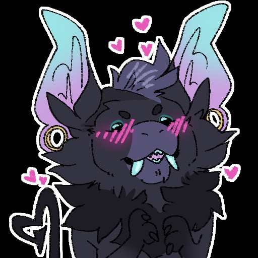 Our shop mascot, DG blushing and smiling with little pink hearts above his head. DG is a fluffy dragon demon that's dark grey and desaturated blue with large bat like ears. It's ears are light teal and lavender colored.