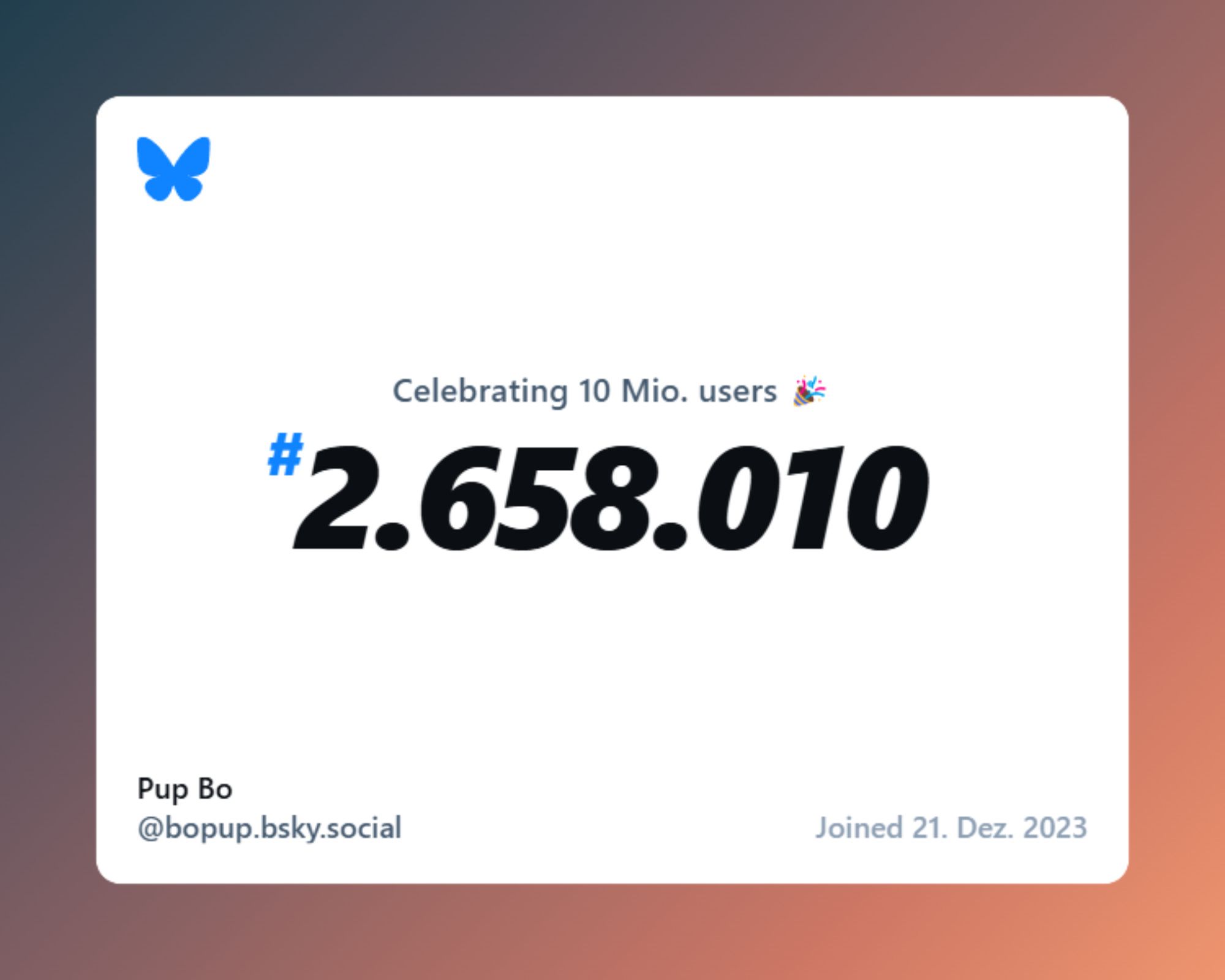 Bluesky now has over 10 million users, and I was #2.658.010!