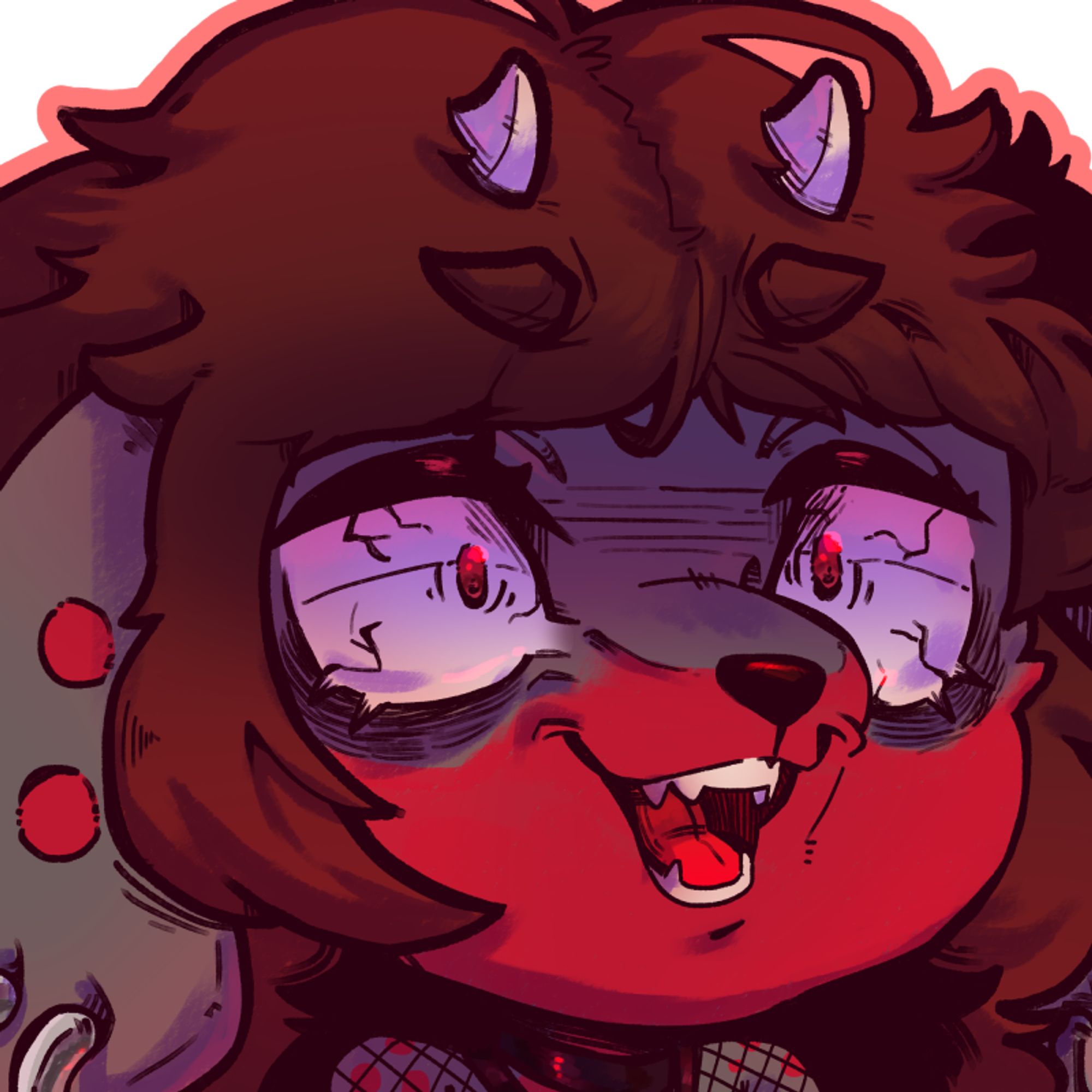 A chibi emoji of a red and gray dog furry with horns, really mad at something!