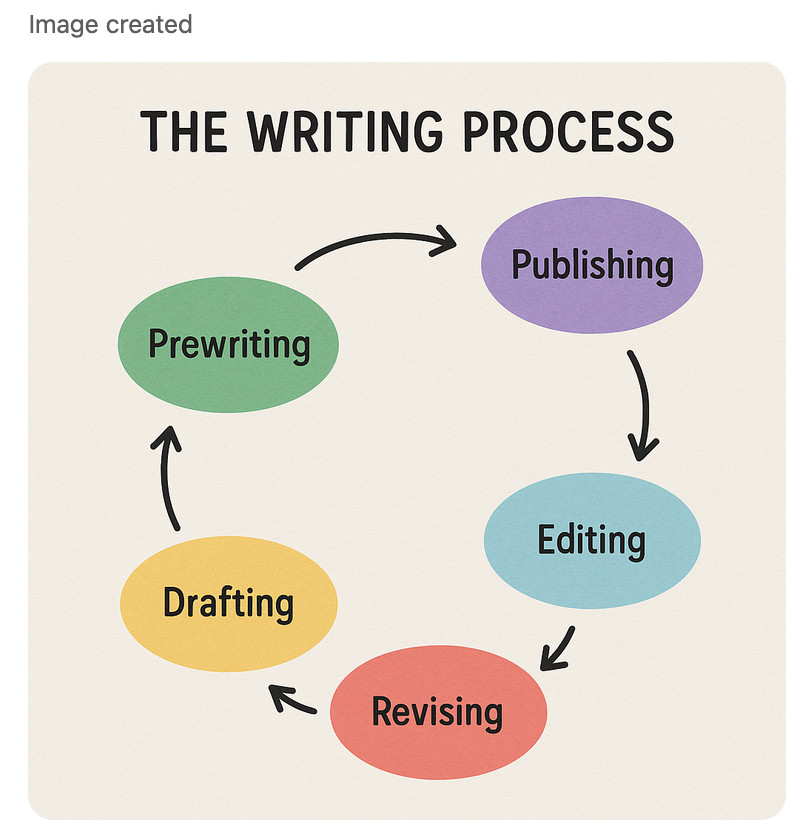 Graphic that says "The Writing Process" at the top. there are five circles with arrows pointing in a clockwise direction. At the top left is "prewriting" followed by "publishing" then "Editing" then "revising" then "drafting" then back to "prewriting"