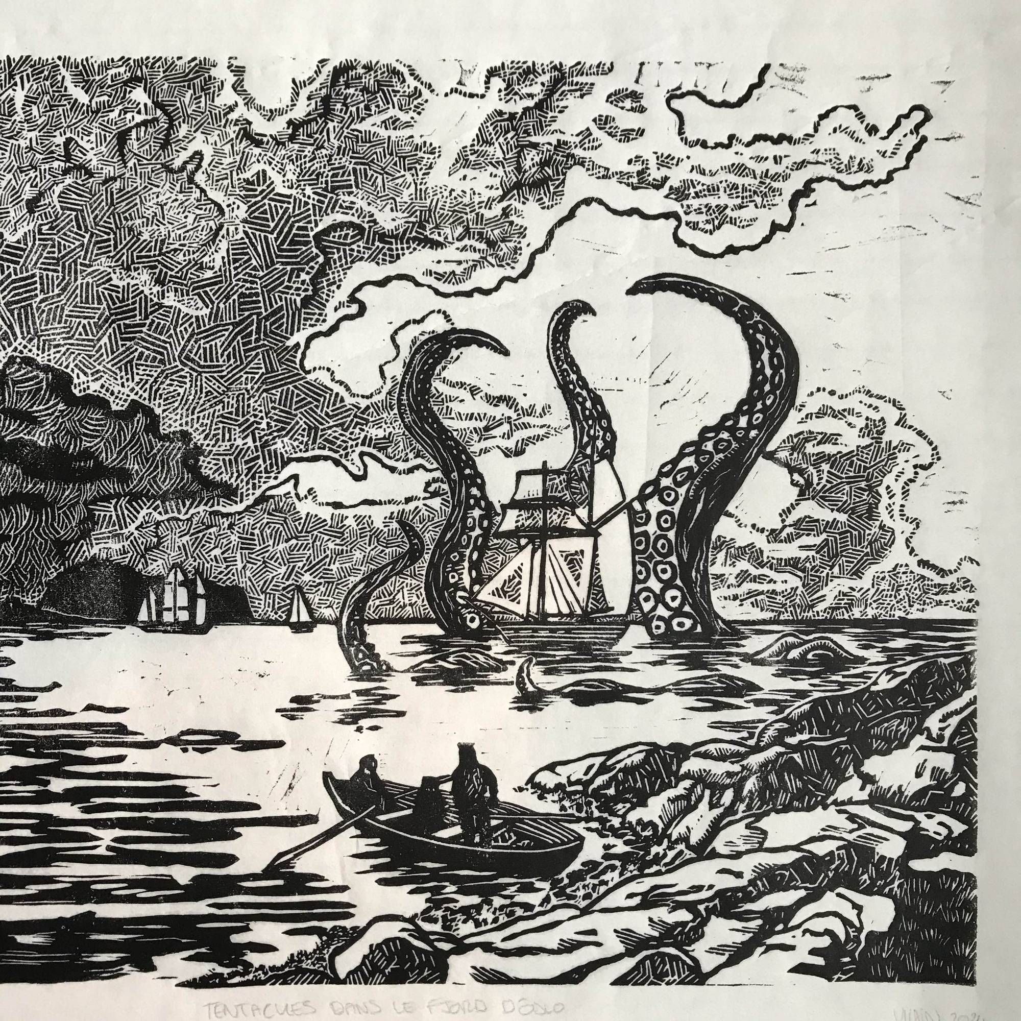 Moitié droite de l'estampe : la barque, la côté et le kraken