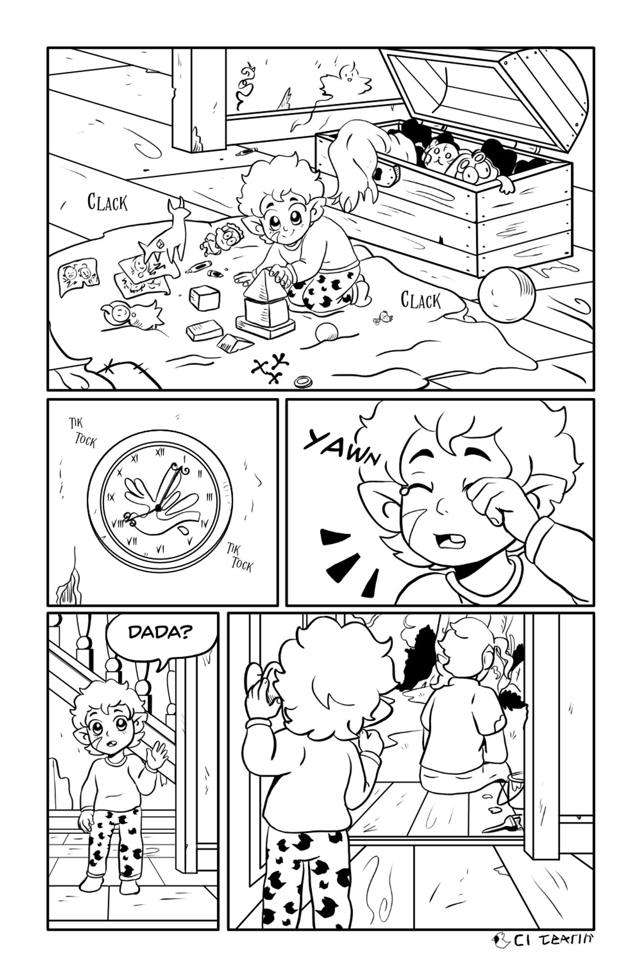 Top Panel: Baby Hunter is plahying with blocks and his variety of toys. Panel Two Left: The clock shows it is eight o' clock. Panel 3 Right: Hunter rubs his eyes and yawns. SFX: Yawn. Panel 4 Bottom Left: Hunter stands at the end of the corridor of the house with a curious face. He says, "Dada?" Panel 5 Bottom Right: View of Hunter from behind looking at Caleb who is sitting on the porch.