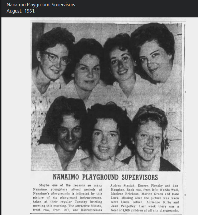 A 1961 newspaper photo of 7 women who were working as playground supervisors in Nanaimo.