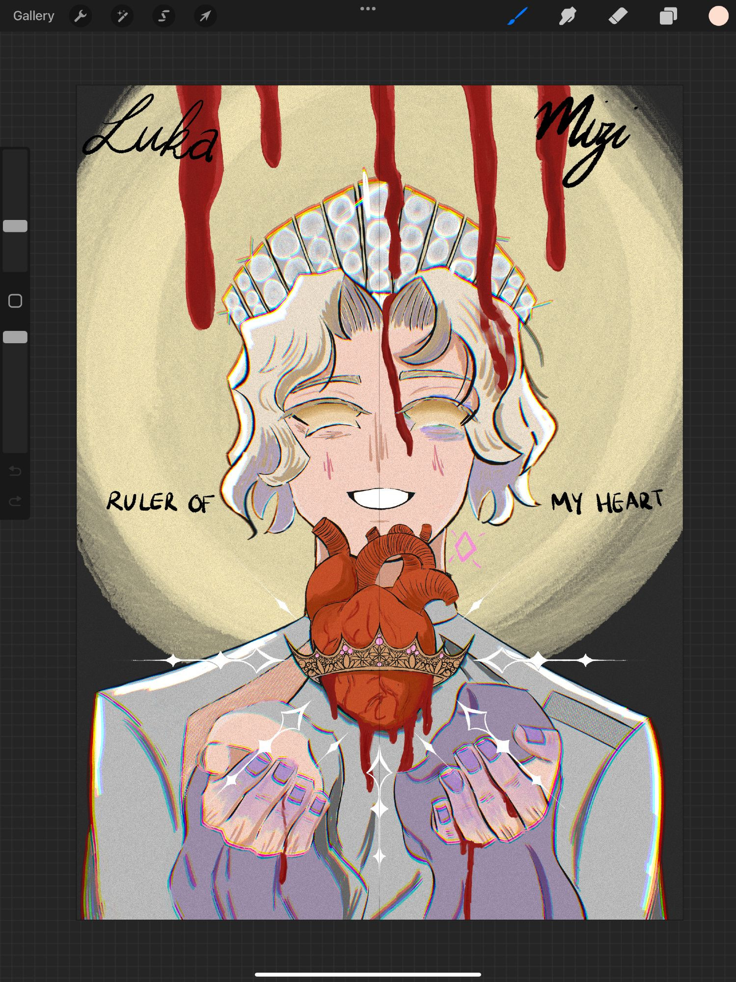 the most current version of the illustration: this is a screenshot from procreate showing Luka wearing a crown with a bright light behind him. he has his hands in front of him, cupped around a human heart which is surrounded by a crown. there is blood dripping from the top of the illustration and from the heart and down Luka's hands. the text on the image is laid out like a film poster: "Luka" and "Mizi" are at the top in each corner and on either side of Luka's head it says "Ruler Of My Heart"