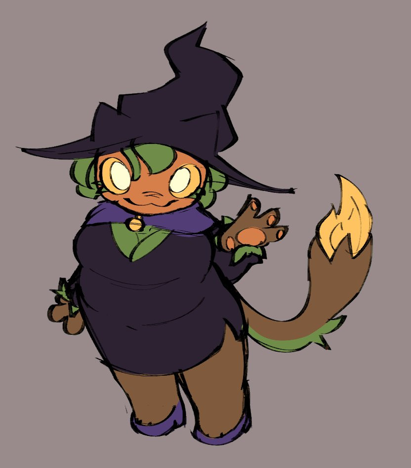 2d colored sketch depicting an anthropomorphic pumpkin with an outfit similar to a witch's outfit