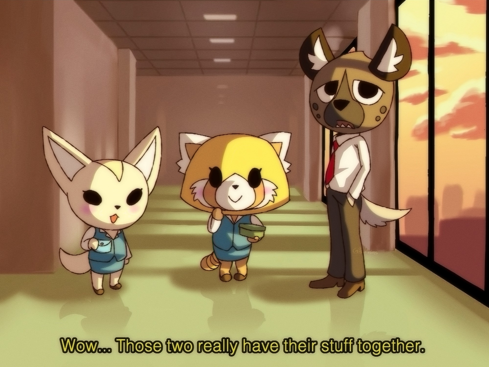 Fenneko, Retsuko, and Haida from Aggretsuko standing in a hallway in their workplace building. Redrawn scene from the show as a 80s/90s OVA.