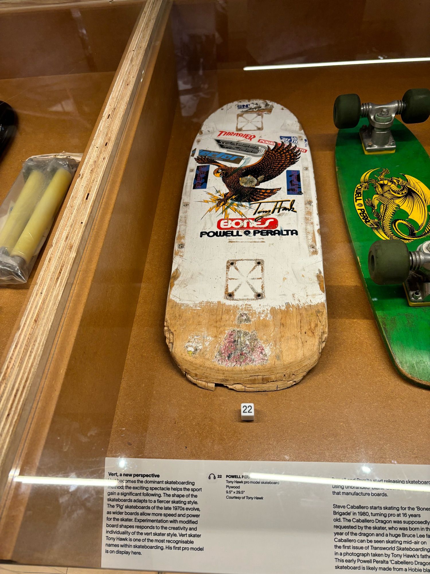 Tony Hawk’s first pro board model for Powell Peralta on display at the Skateboard exhibition