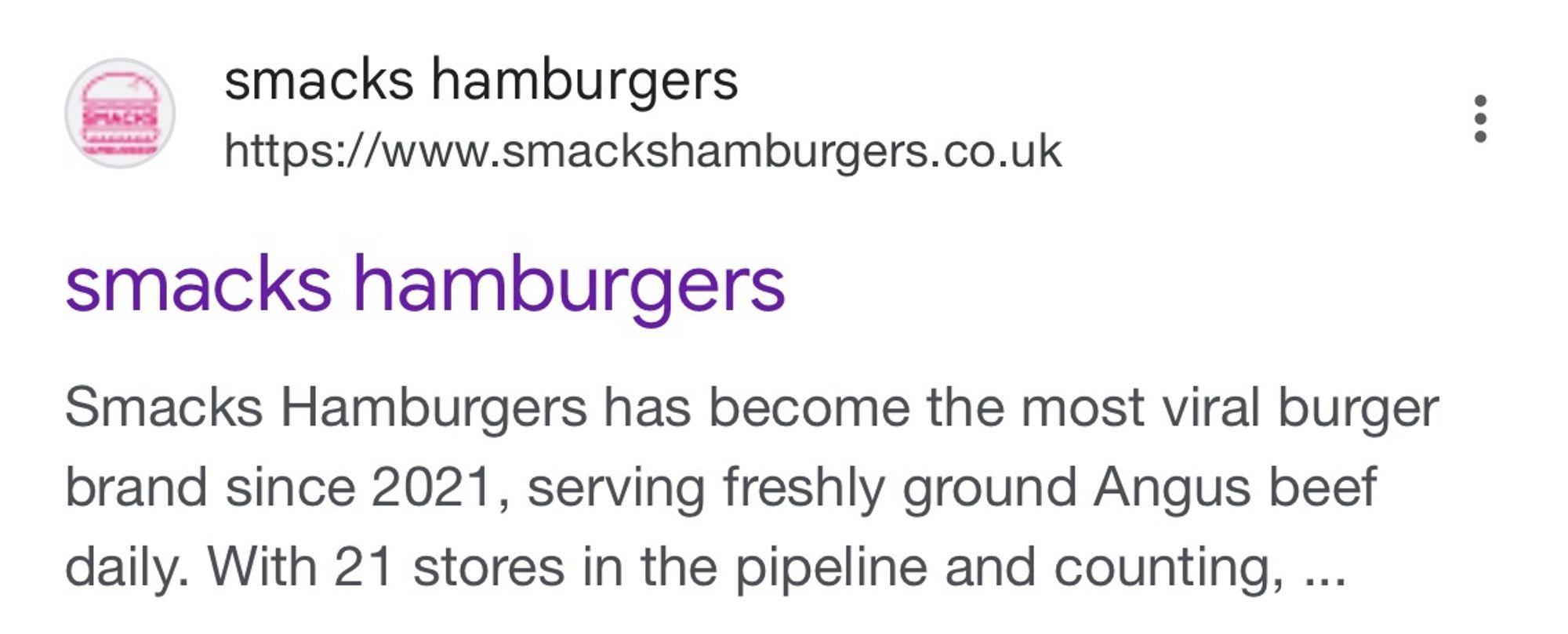 Description of smacks hamburgers via Google Search, describing it as “the most viral burger brand since 2021”