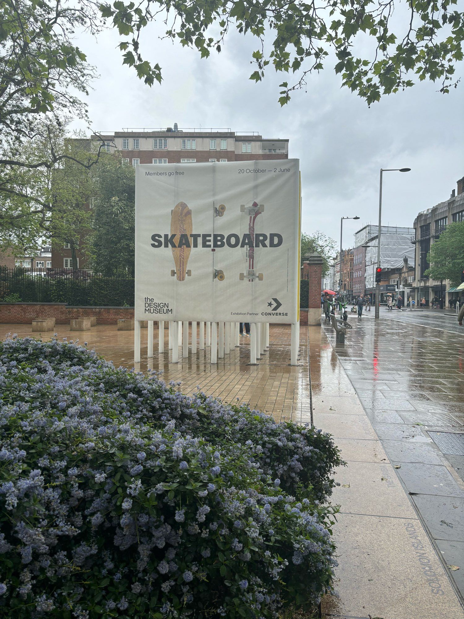 Exterior banner for the Skateboard exhibition at the Design Museum