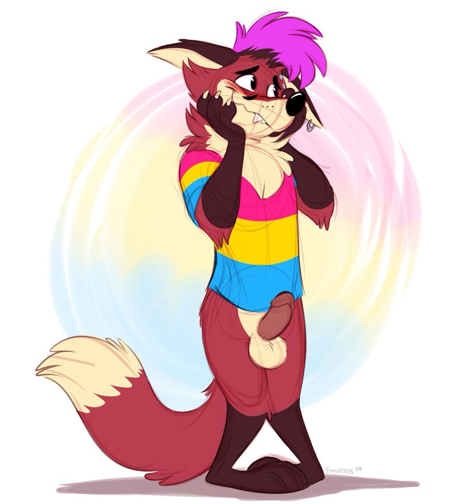 Only, a red fox with purple hair, is dressed in a pink, yellow and cyan shirt for pansexual pride, blushing at an unintentional erection