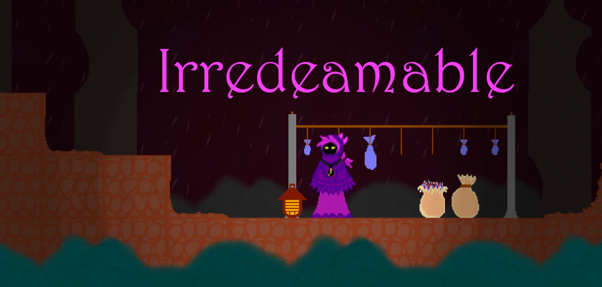 Cover art of the game irredeamable where a small purple girl stand on a blocky coastline