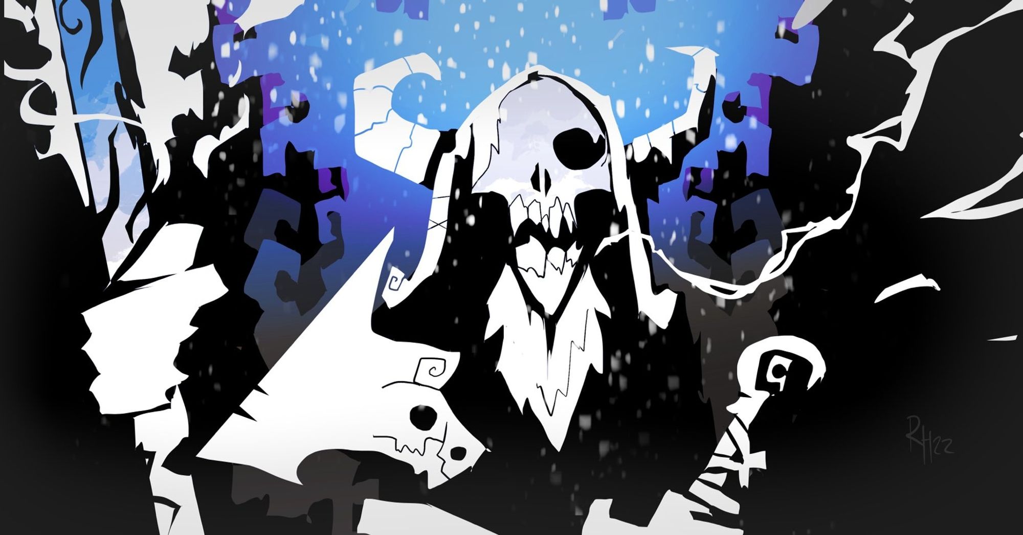 A black and white undead figure standing in front of a blue backgrounds