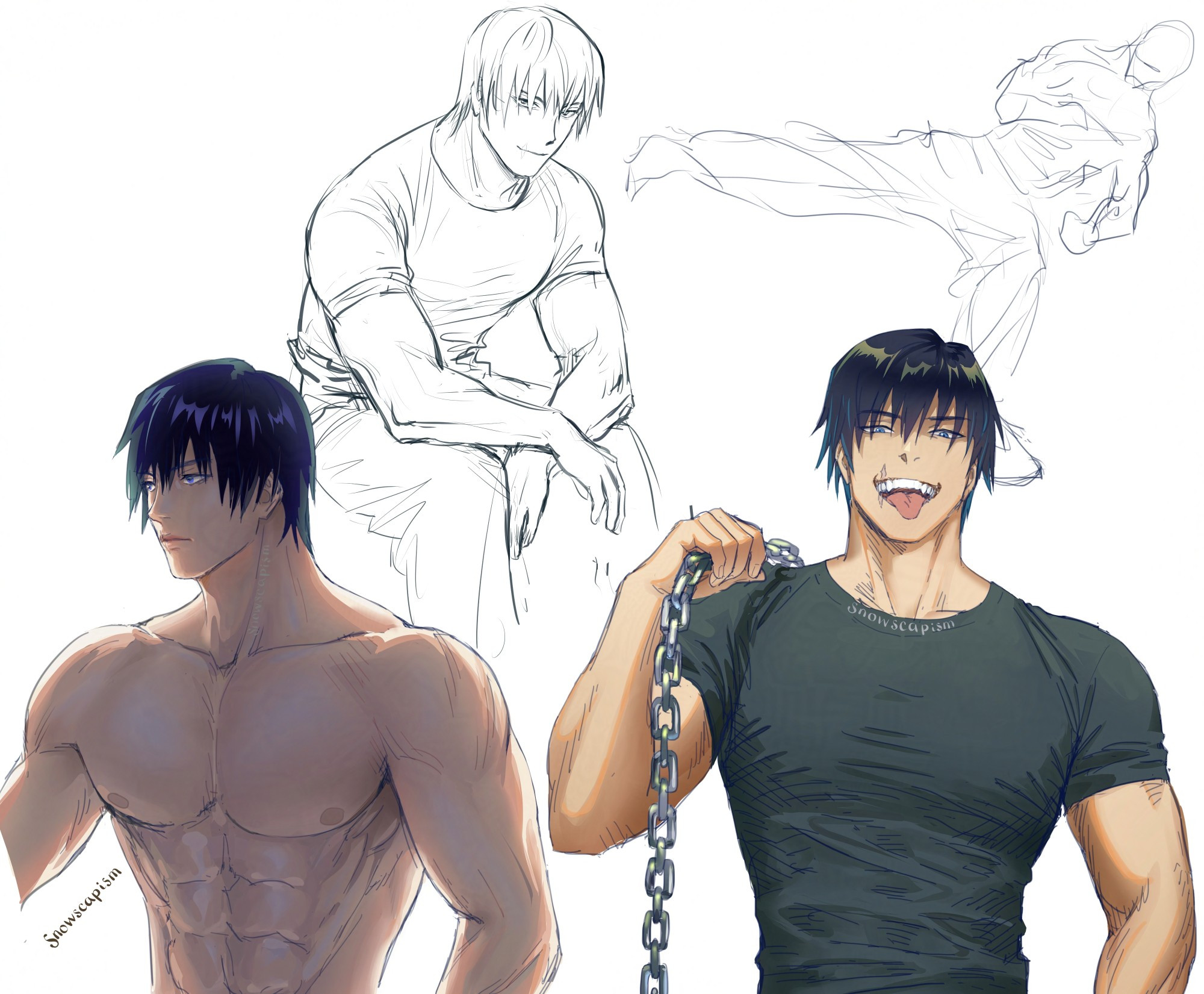 top middle: sketch of Toji sitting with his arms resting on his knees, top right: figure drawing of someone kicking, bottom left: shirtless Toji, bottom right: Toji holding a large chain over his right shoulder, sticking his tongue out in a cocky smile