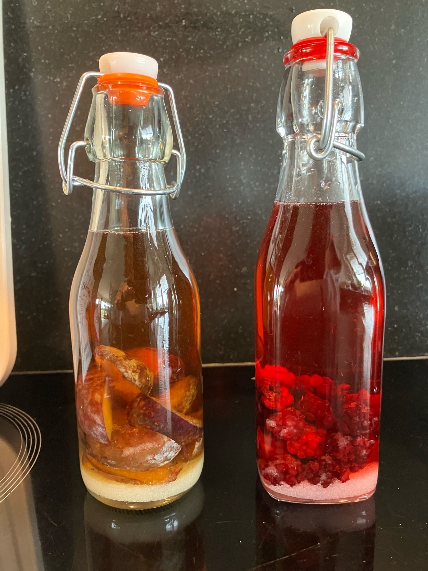 Two small preserving bottles containing liquid, fruit and sugar; one amber coloured with slices of plum, one deep red with blackberries.