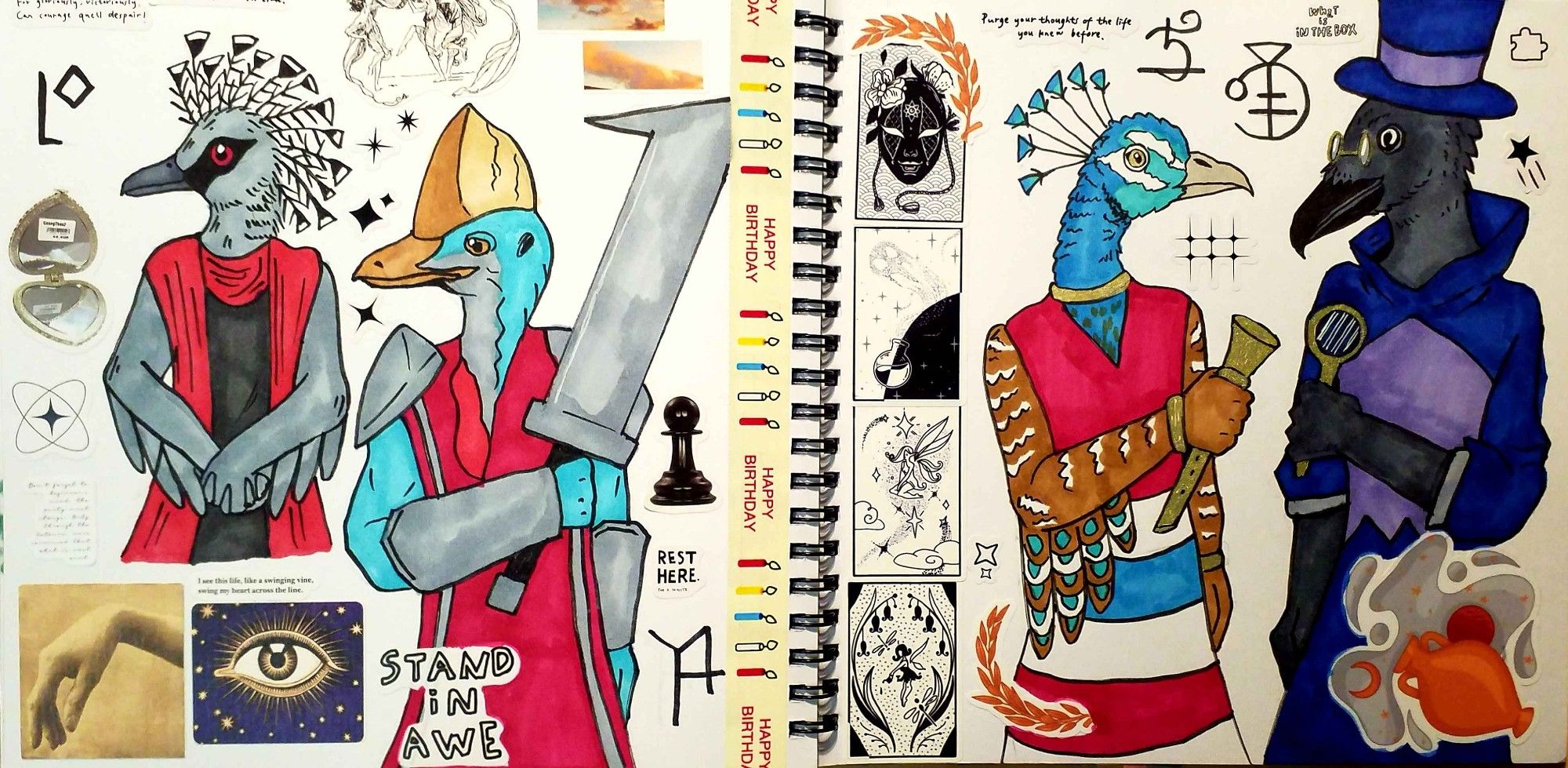 A sketchbook spread featuring peoples from the game Chants of Sennaar depicted as anthropomorphic birds: a Victoria Crowned Pigeon Devotee, Cassowary Warrior, Indian Peafowl Bard, and Carrion Crow Alchemist. The drawings are accompanied by small stickers of various items.