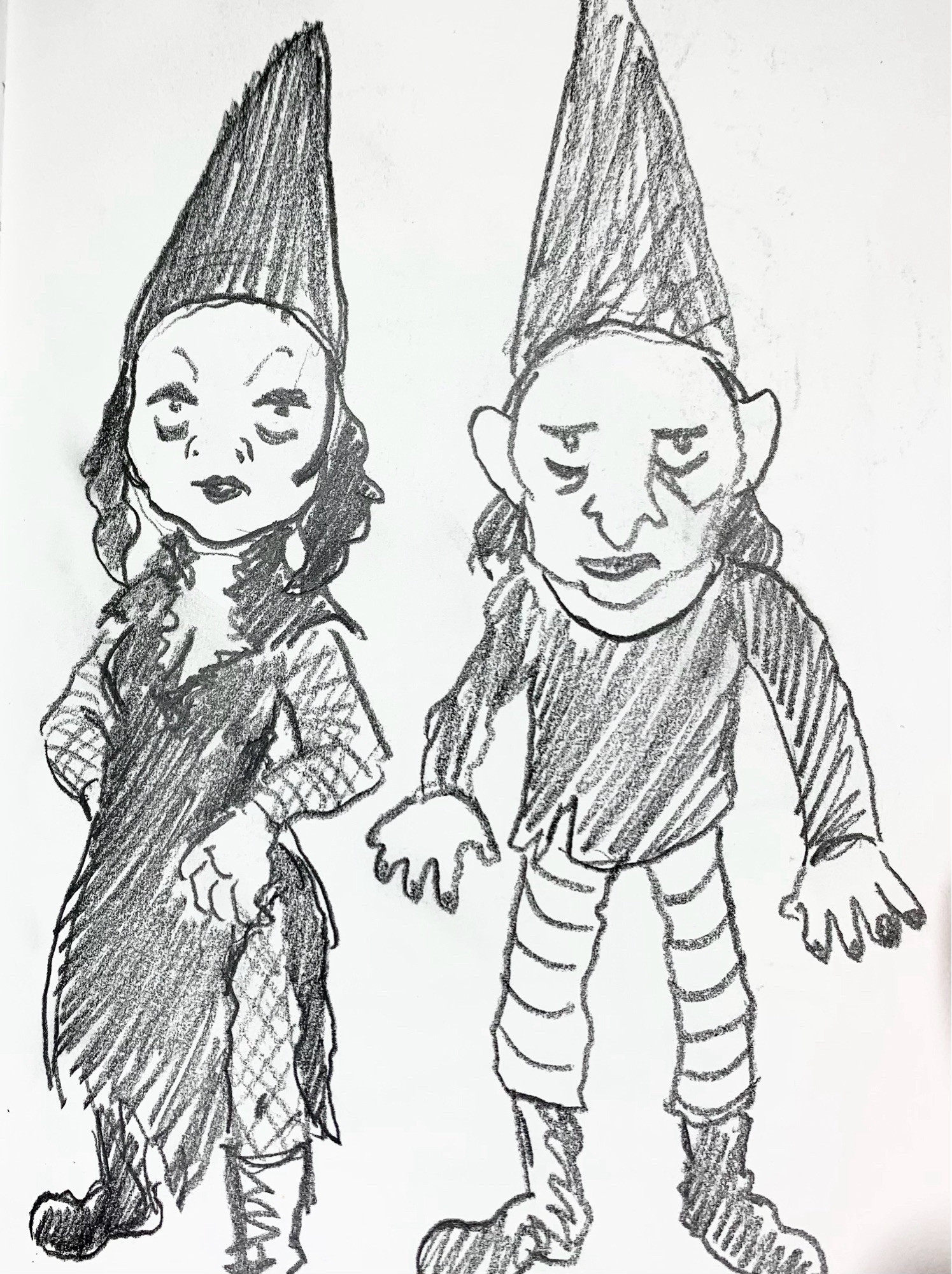 Pencil drawing of two goth gnomes, who leer at the viewer.