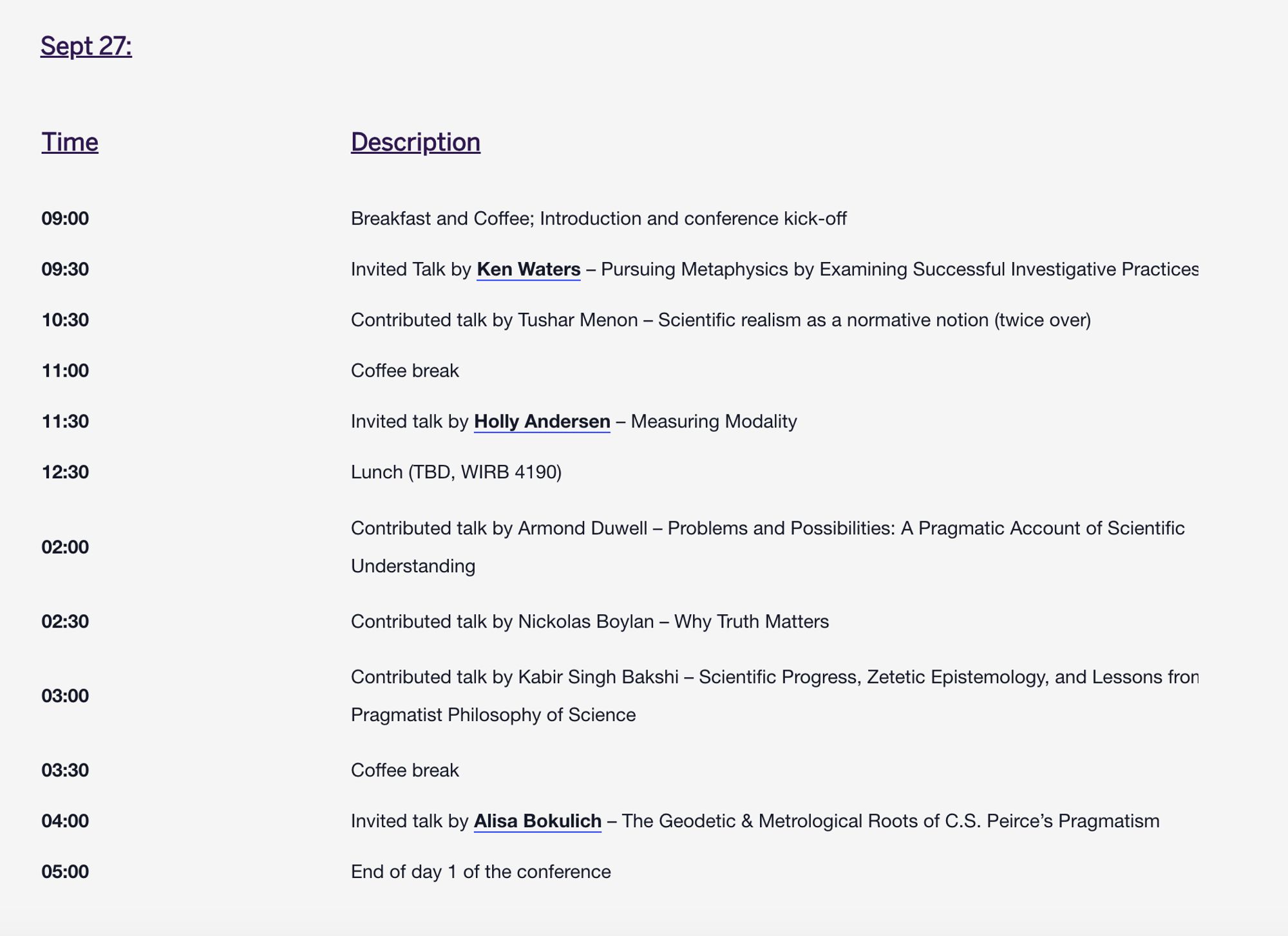 Sept 27:
Time
Description
09:00	Breakfast and Coffee; Introduction and conference kick-off
09:30	Invited Talk by Ken Waters – Pursuing Metaphysics by Examining Successful Investigative Practices
10:30	Contributed talk by Tushar Menon – Scientific realism as a normative notion (twice over)
11:00	Coffee break
11:30	Invited talk by Holly Andersen – Measuring Modality
12:30	Lunch (TBD, WIRB 4190)
02:00	Contributed talk by Armond Duwell – Problems and Possibilities: A Pragmatic Account of Scientific Understanding
02:30	Contributed talk by Nickolas Boylan – Why Truth Matters
03:00	Contributed talk by Kabir Singh Bakshi – Scientific Progress, Zetetic Epistemology, and Lessons from Pragmatist Philosophy of Science
03:30	Coffee break
04:00	Invited talk by Alisa Bokulich – The Geodetic & Metrological Roots of C.S. Peirce’s Pragmatism
05:00	End of day 1 of the conference