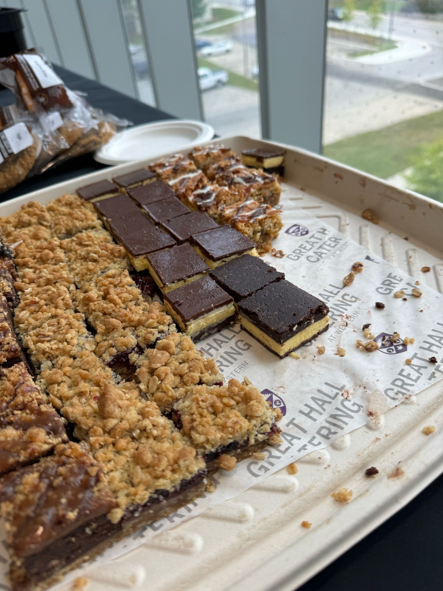 A tray of dessert bars including the chocolate topped Nanaimo bars