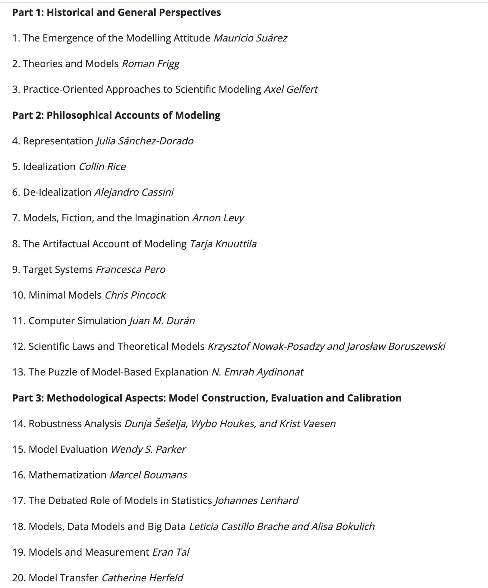 Table of contents of book Part I Historical Perspectives, Part 2 Philosophical Accounts of Modeling 3. Methodological Aspects