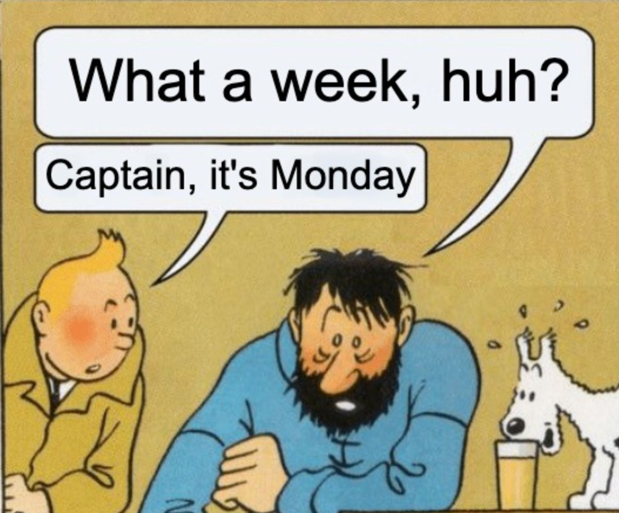 The Tintin and Captain Haddock meme with Haddock at a bar saying "What a week, huh?" and Tintin replying "Captain, it's Monday", while Snowy/Milou drinks his beer.