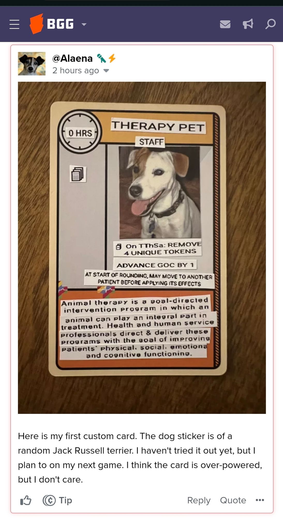 A player took a blank card and customized it for their copy of critical care the game as a Pet Therapy with an adorable picture of a Jack Russell terrier!!