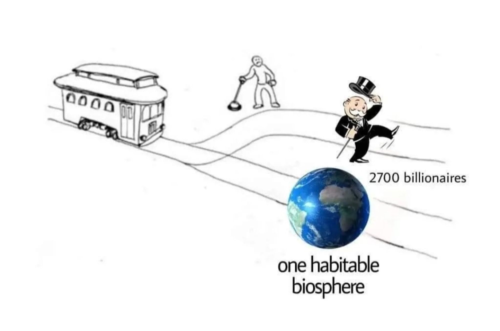 Meme depicting the trolley problem in which a cartoon person stands at a fork in some tracks, next to a lever, with a trolley approaching the fork. On the straight path is an image of Earth and the caption "a habitable biosphere" and on the other path is the Monopoly man dancing and tipping his hat, captioned "2700 billionaires"