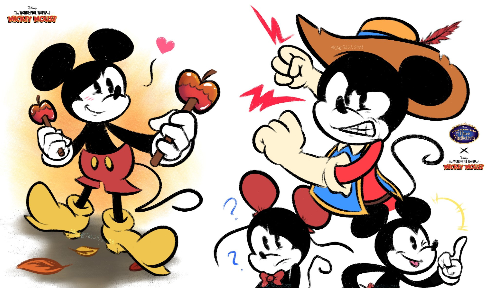 Mickey Mouse Artwork: Doodles!

Mickey is posed in various ways:

- Mickey offers a candy apple towards you.

-Mickey from the three musketeers is winding up a punch towards the screen.

- Mickey from bad ear day is looking confused while two balloons act like his missing ears.

- And Mickey taunts someone off the side.