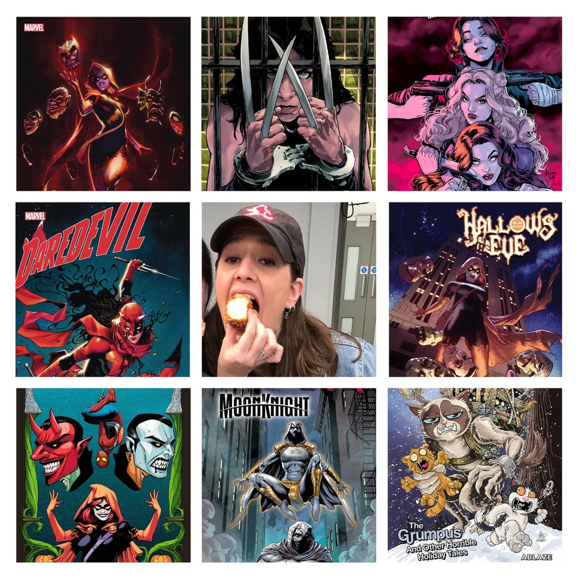 A nine panel grid showing the covers of Hallows' Eve: The Big Night by Ben Harvey, X-23: Deadly Regenesis #4 by Kalman Andrasofszky, The Deadliest Bouquet TPB by Adriana Melo and Cris Peter, Daredevil Gang War #1 by Sergio Dávila, Sean Parsons, and Ceci DeLaCruz, a photo of Erica Schultz eating a donut, Hallows' Eve #1 by Mike Dowling and Morry Hollowell, The Amazing Spider-Man Annual #1 by Corin Howell, Moon Knight: What if…? Dark by Edgar Salazar and Arif Pritano, and Grumpy Cat Grumpus & Other Horrible Holiday Tales by Ken Haeser.