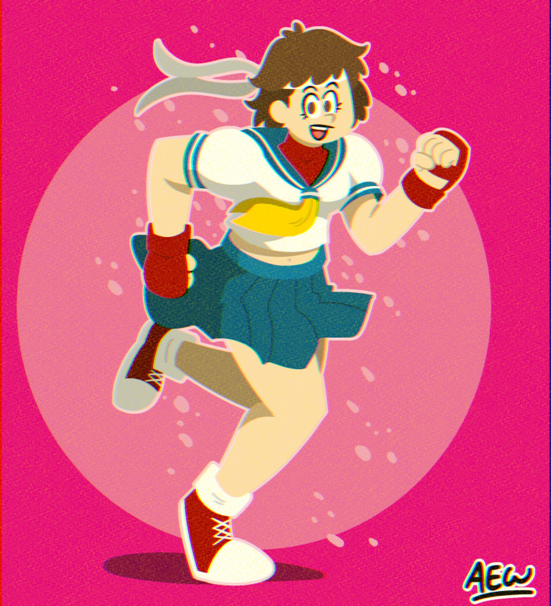 Sakura Kasugano running cheerfully against a pink background, with cherry blossoms around her, into her next battle.