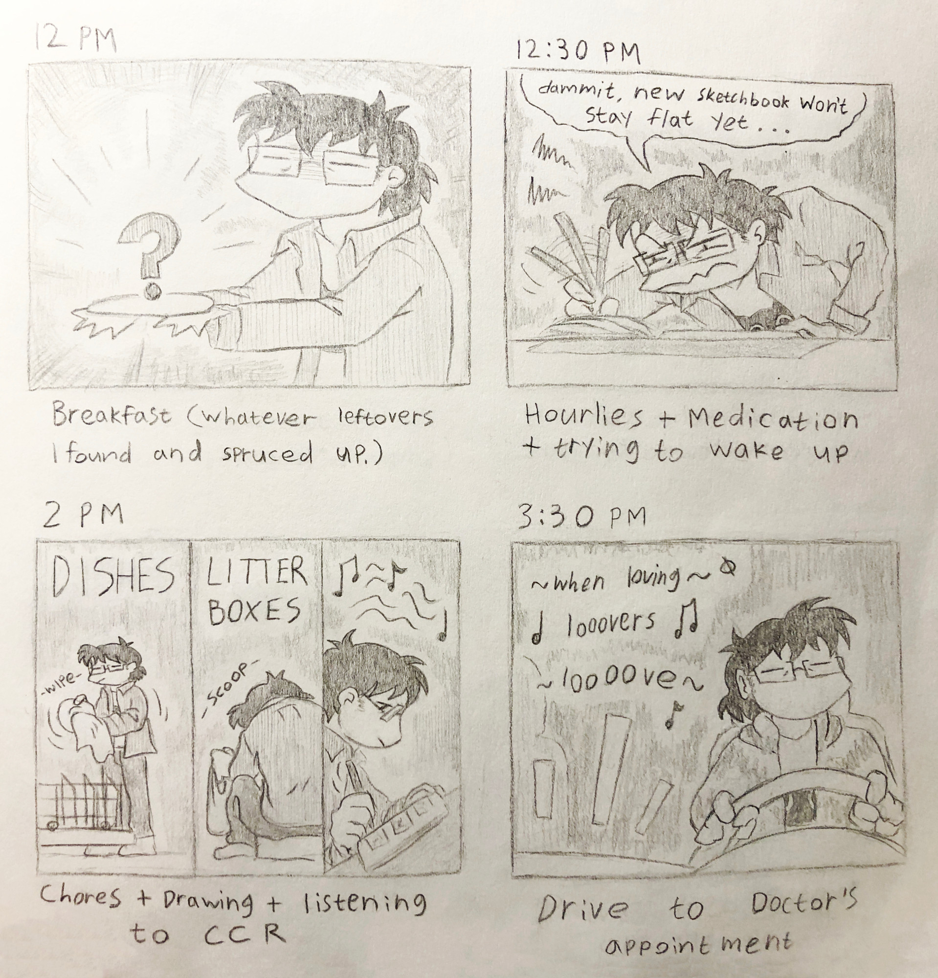 12 PM:
i am holding a plate with a large radiant "?" on it, still looking tired.
[Breakfast (whatever leftovers I found and spruced up)]

12:30 PM:
my pencil is a blur as i hunch over my sketchbook, trying to catch up with hourlies
"dammit, new sketchbook won't stay flat yet..."
[Hourlies + Medication + trying to wake up]

2 PM:
i keep myself busy putting away dishes, taking out cat litter, and working on more hourlies.
[Chores + Drawing + Listening to CCR]

3:30 PM:
i sit behind the wheel of the car, listening to "Loving Lover's Love" from MST3k
[Drive to doctor's appointment]

----------

12:00:
私は大きく光る「？」が付いたお皿を持っています。 まだ疲れているようだ。
【朝食（残り物を見つけてアレンジしたもの）】

12:30:
スケッチブックにかがみ込み、毎時間の描画に追いつこうとしていると、鉛筆がぼやけてしまいます
「くそー、新しいスケッチブックはまだ平らにならないよ…」
[毎時の絵 + 薬 + 起きようとする]

14:00:
私は食器を片付けたり、猫砂を出したり、そして毎時間絵を描いたりするのに忙しくしています。
[家事+絵を描く+CCRを聞く]
(注: CCR は「クリーデンス クリアウォーター リバイバル」の略です)

15:30:
私は車のハンドルの後ろに座って、MST3kの「Loving Lover's Love」を聴いています
【診察まで車で行く】