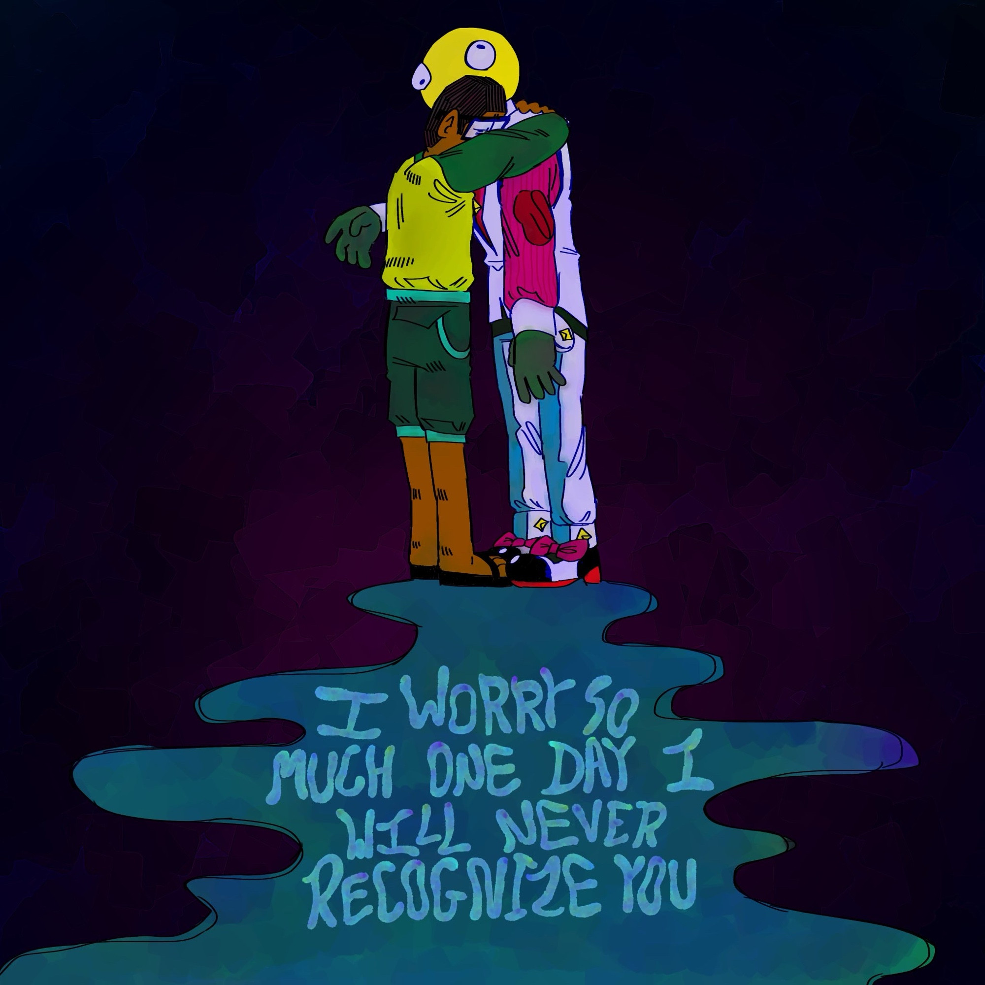 candyman and dice standing together in a dark void. dice, visibly upset, is hugging candyman, while candy appears expressionless and is hesitant to hug dice back. they cast a shadow over the lower half of the canvas, the shadow blue and almost water-like in contrast to the dark background. within the shadow is the quote “I WORRY SO MUCH ONE DAY I WILL NEVER RECOGNIZE YOU”