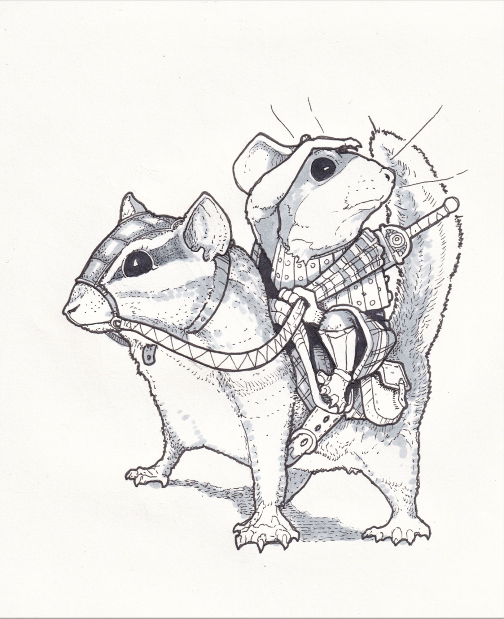 an anthropomorphic mouse in adventuring gear riding a chipmunk mount