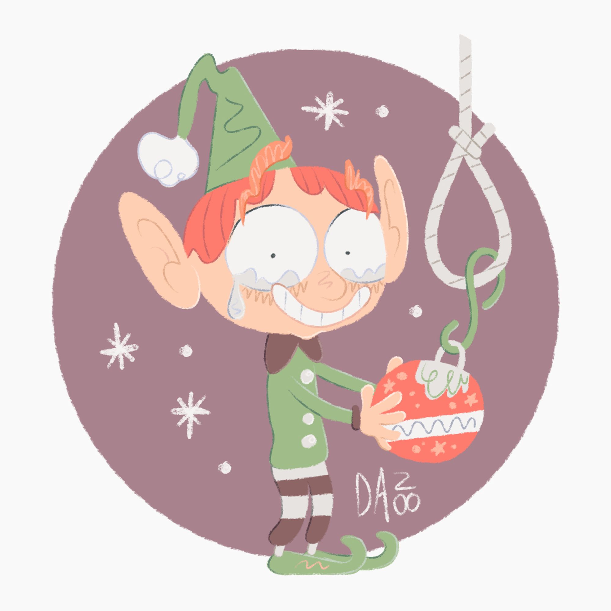 an elf in burnout hangs a christmas ball on a loop