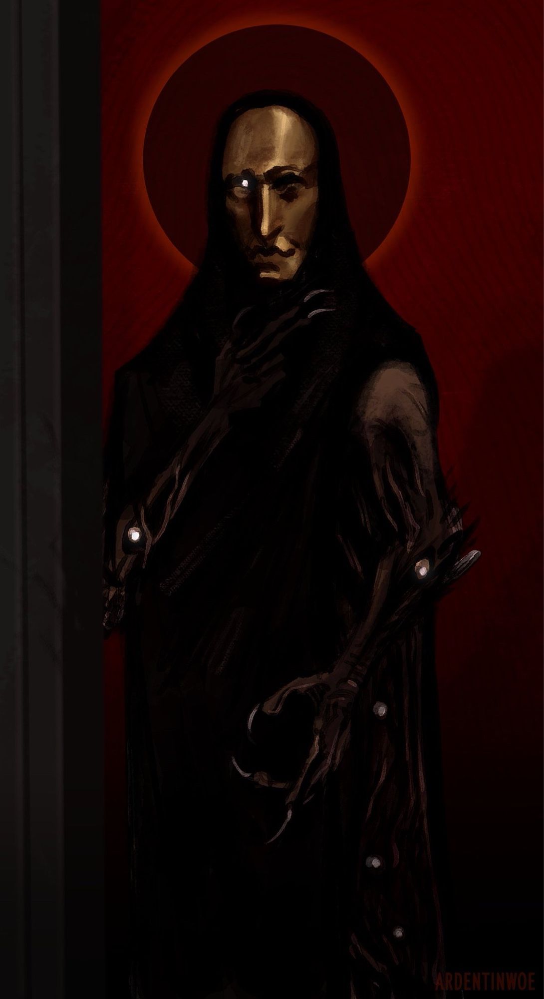 A figure in a dark robe on a red background. They are wearing a golden mask and have a halo behind them. Inside of their robe is flesh and eyes. Their hands are dark, oddly textured, and have long claws.