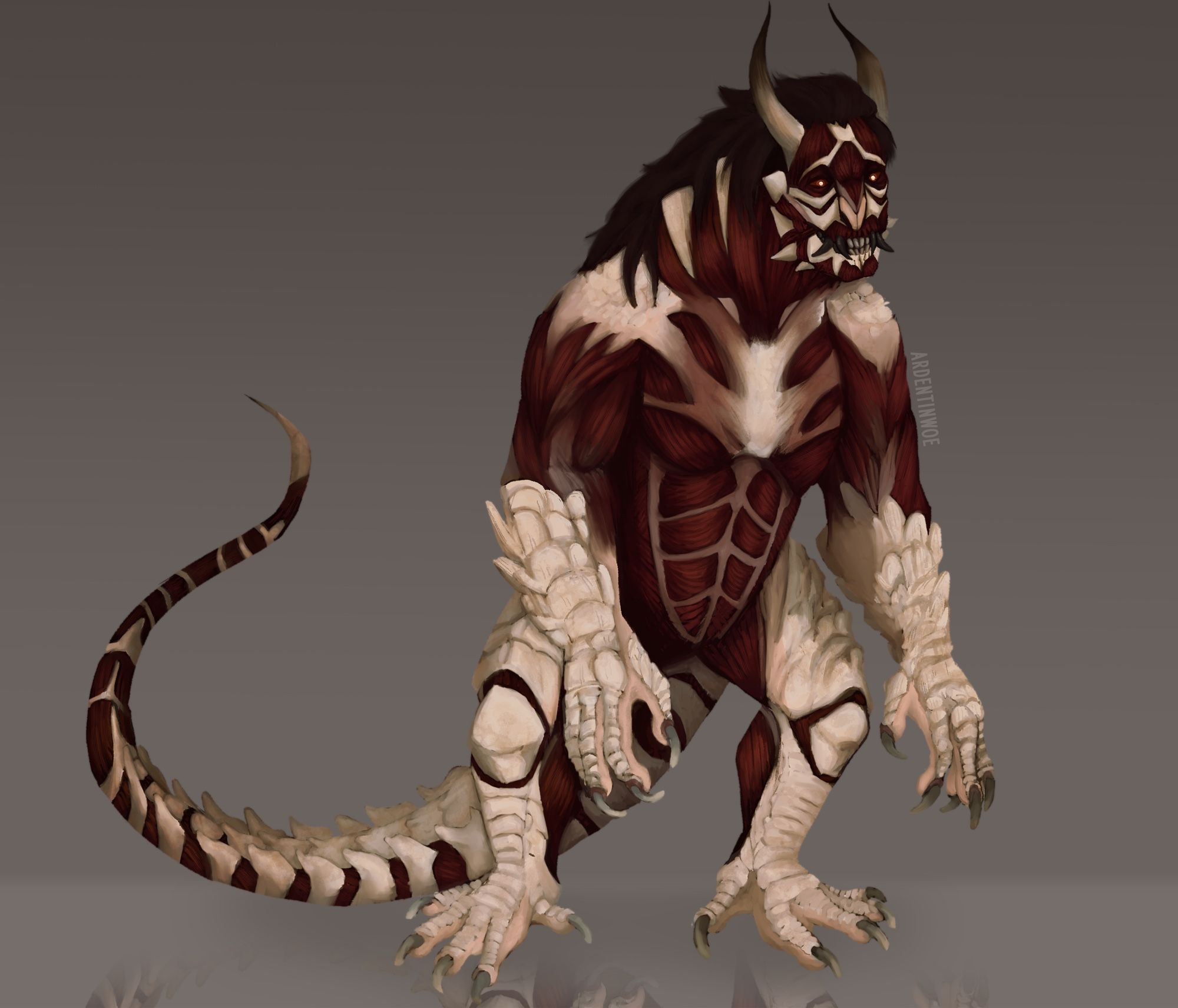 A monster that is vaguely human shaped and stocky. It is covered in exposed muscle and scaly portions made of bone. They are leaning forward slightly and have a long tail.