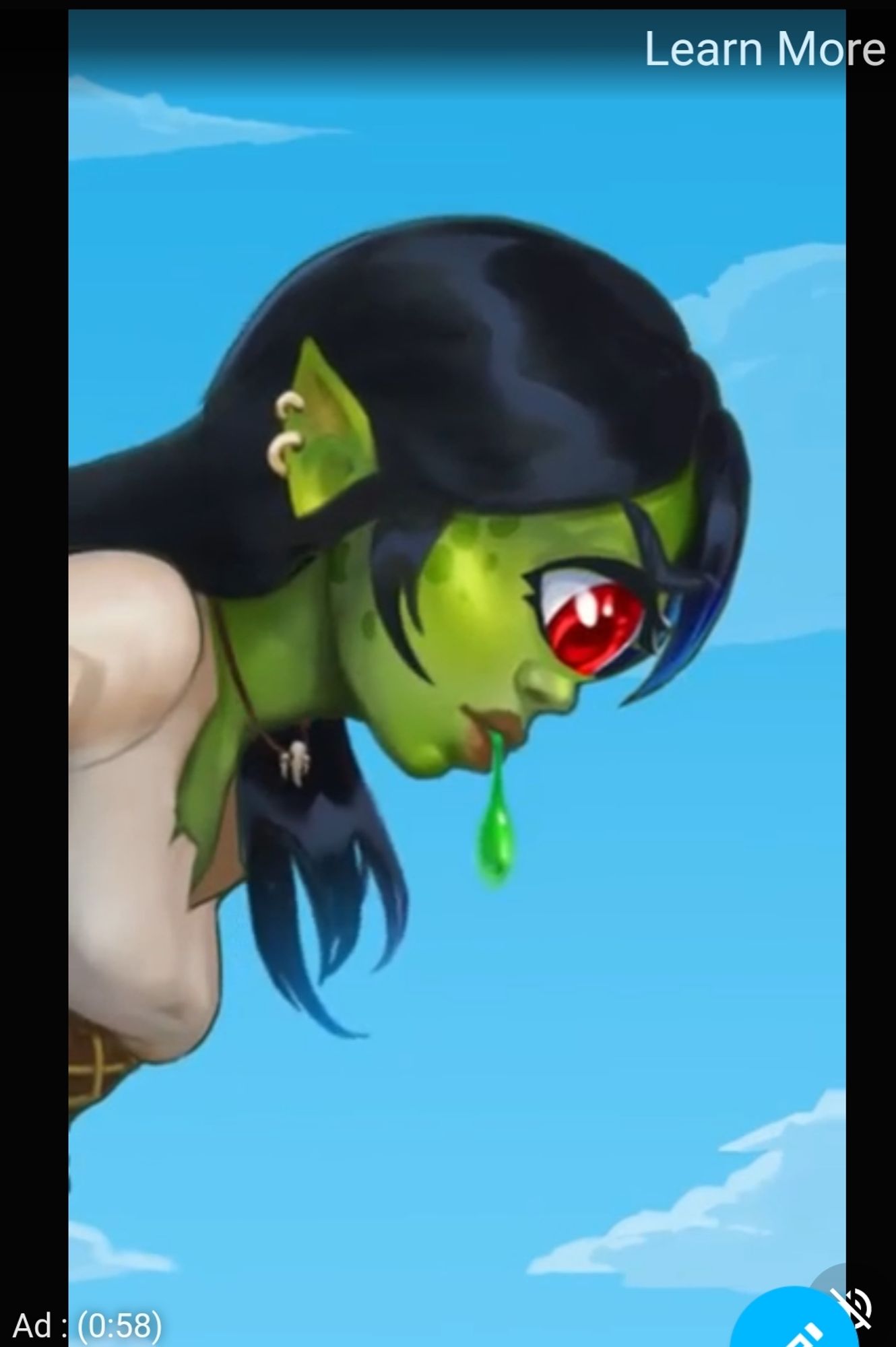 a cyclops giantess leading over and looking down. a droplet of green ooze hangs tantalizingly from her lips