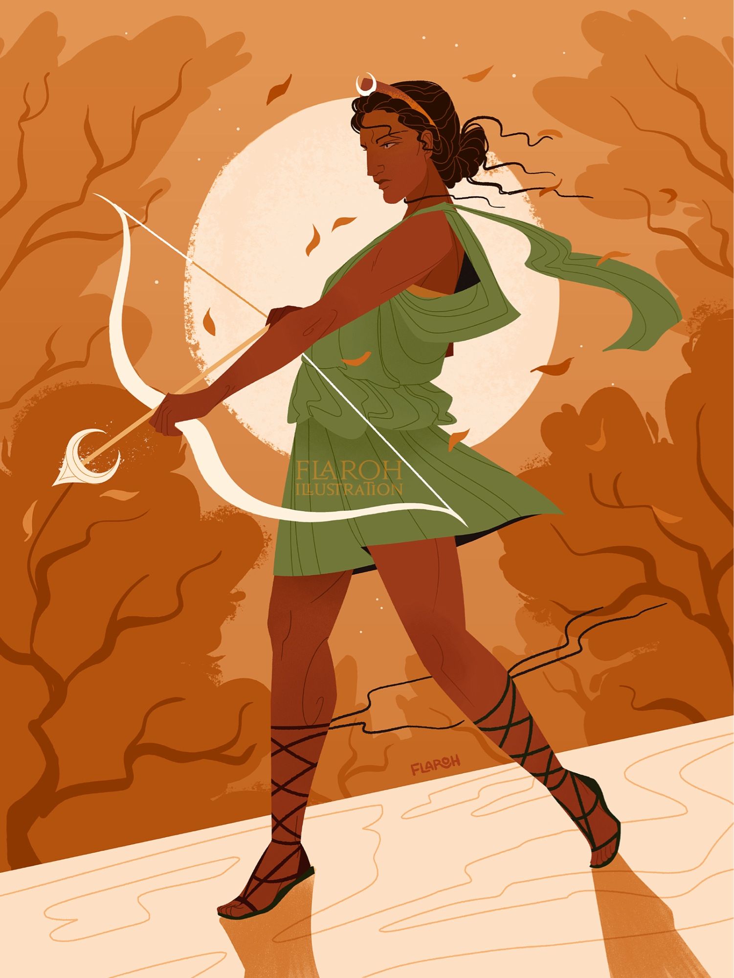 art by flaroh illustration. Artemis stands in a dynamic pose holding her bow forward. She is sillhouetted by a full moon and trees, all in oranges. She has brown skin of a similar hue of the background and a warm-toned green tunic. She wears a diadem with a crescent moon. Leaves blow around her.