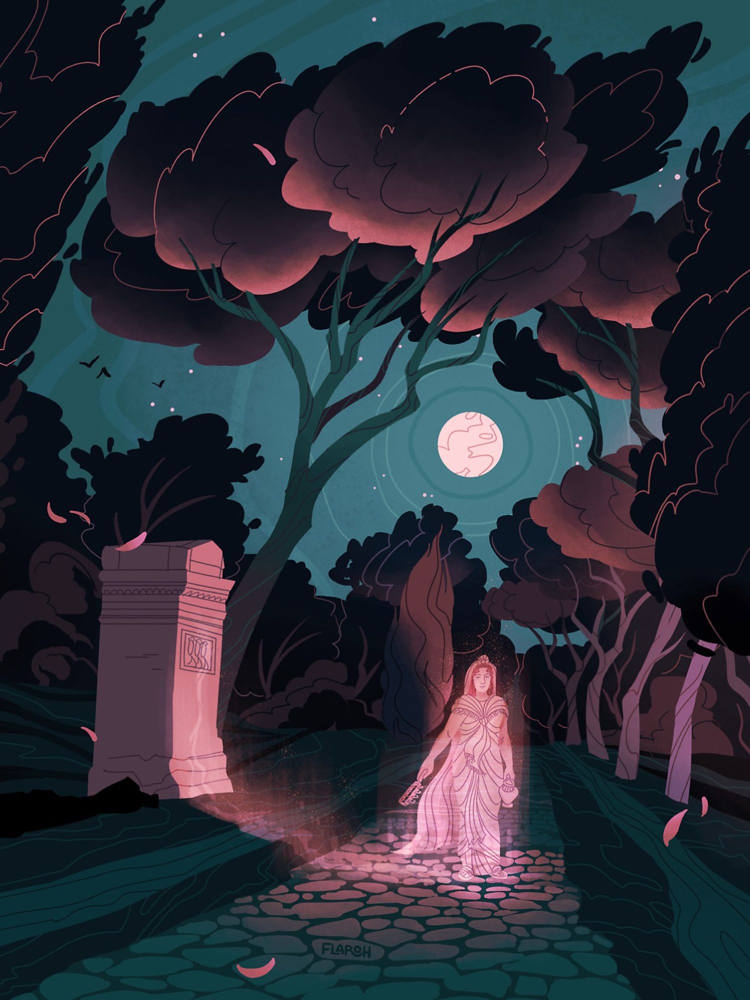 art by flaroh illustration. A night scene of the via appia bathed in full moonlight. The colours are dark greeny blues and the highlights are light pink. At the centre of the illustration is a glowing ghost of usia prima in the middle of the road.