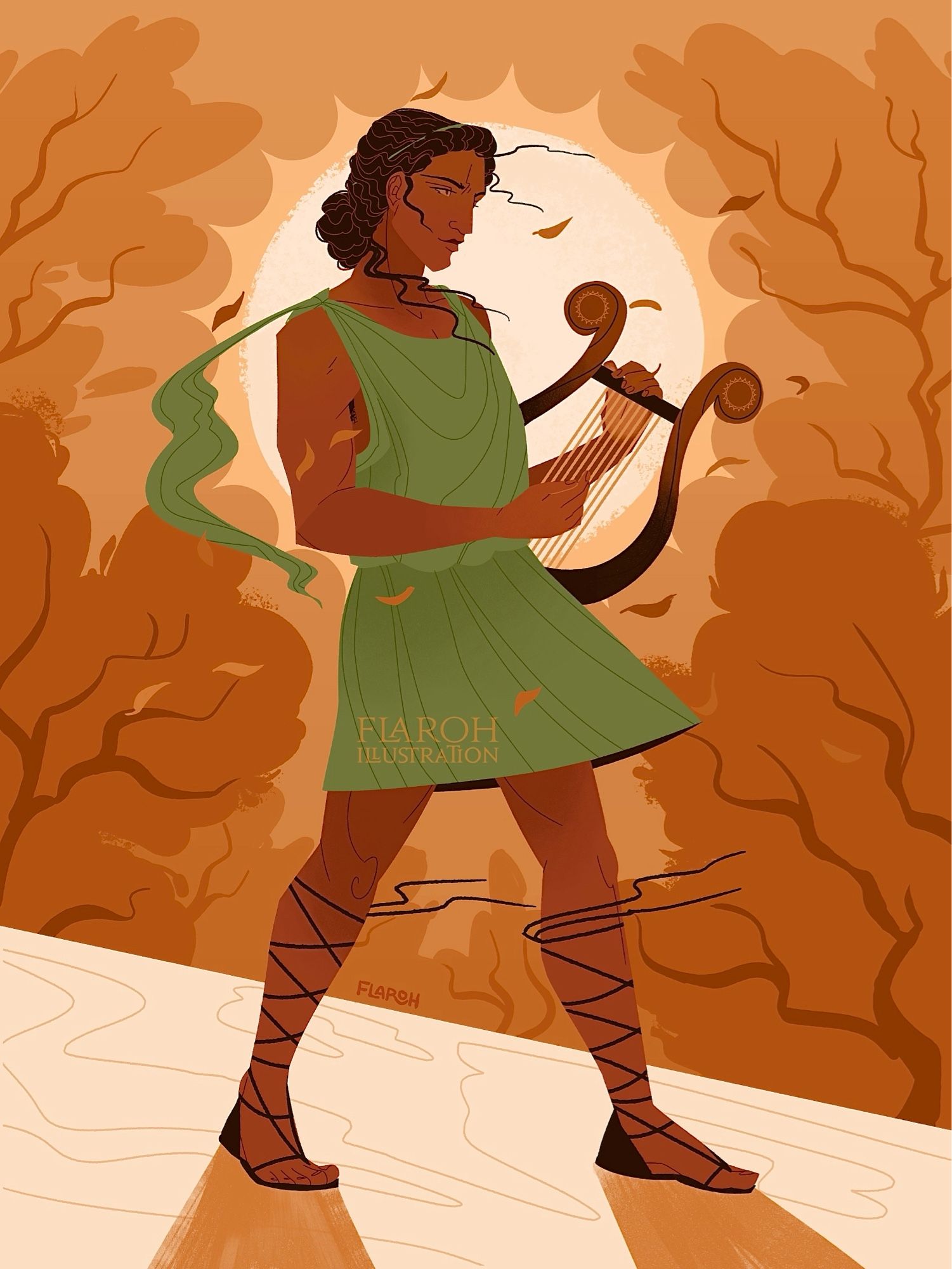 art by flaroh illustration. Apollo stands holding lyre. He is sillhouetted by the sun and trees, all in oranges. he has brown skin of a similar hue of the background and a warm-toned green tunic. he wears a green ribbon in his long black hair and black strappy sandals on his legs. Leaves blow around him.