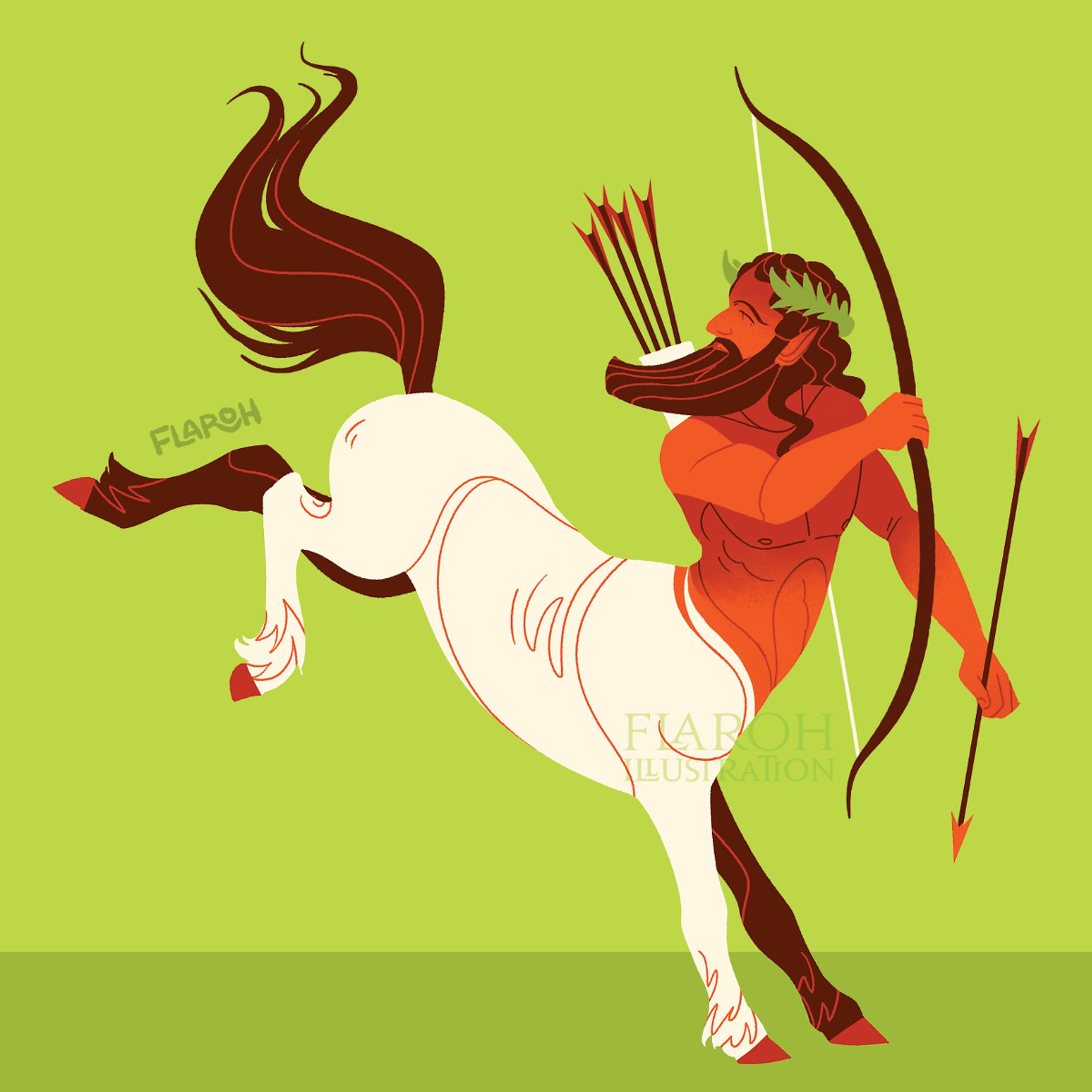 art by flaroh illustration. The centaur chiron gallops right and looks over his shoulder. He holds a bow and an arrow. The pallete is red white brown and green.