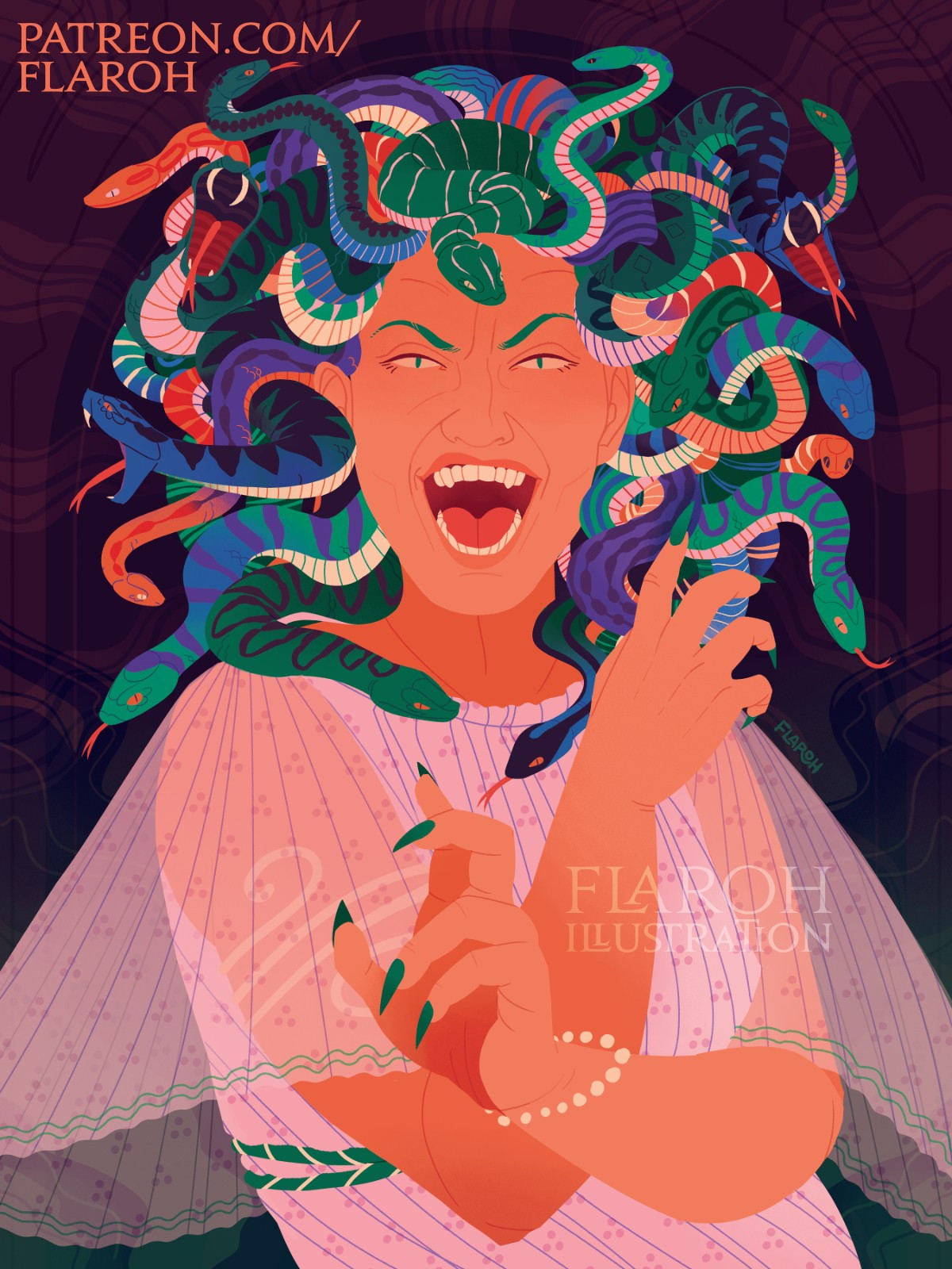 art by flaroh illustration. A portrait of Medusa from the torso up. She is looking at the viewer sternly and laughing, as though she is enjoying the viewer turning to stone. Her snakes are multicoloured, in purple, blues, greens, and oranges. She is wearing a pleated dress with transparent sleeves.