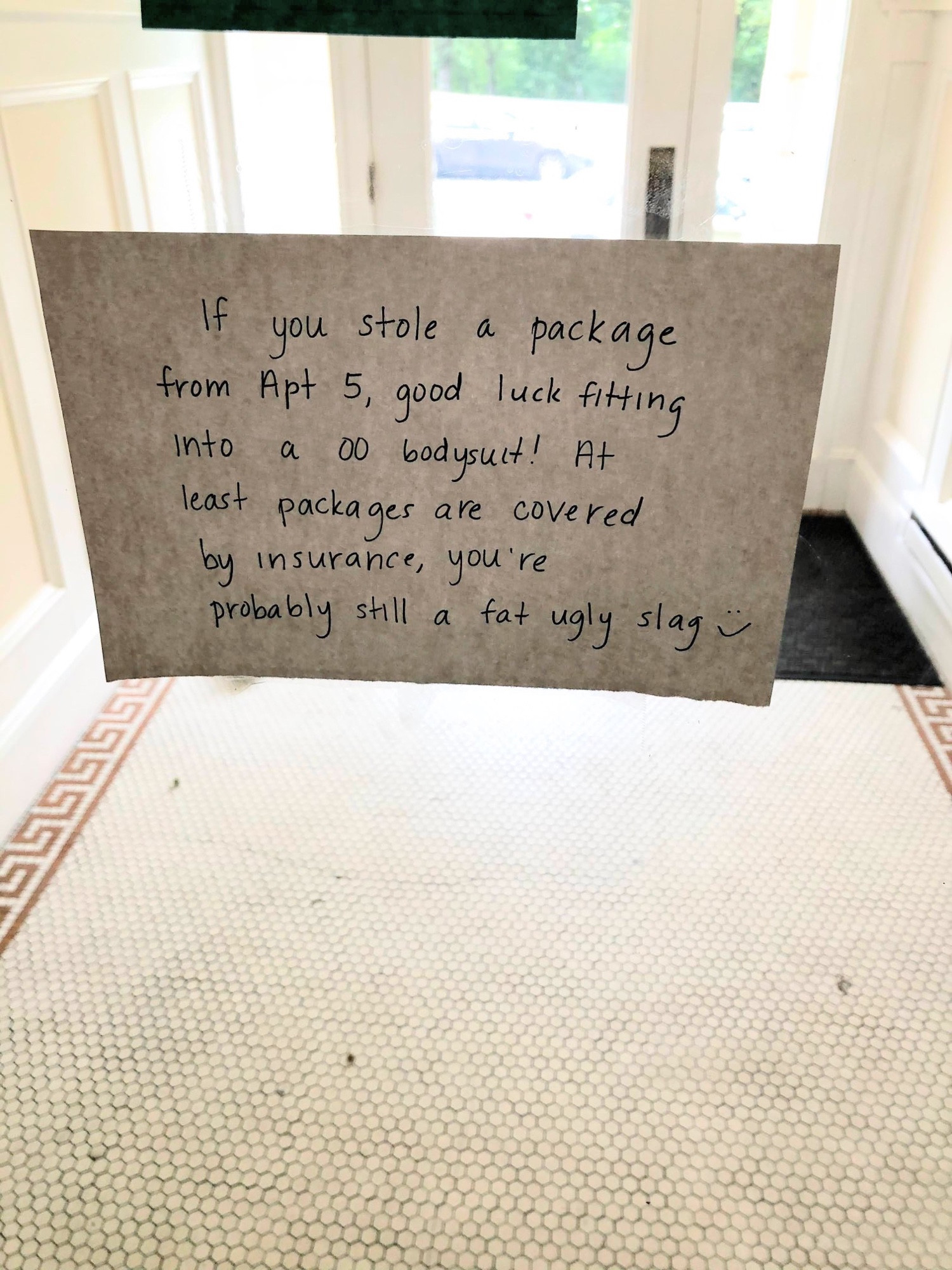 Picture of a note that says: “if you stole a package from Apt 5, good luck fitting into a 00 bodysuit! At least packages are covered by insurance, you’re probably still a fat ugly slag”