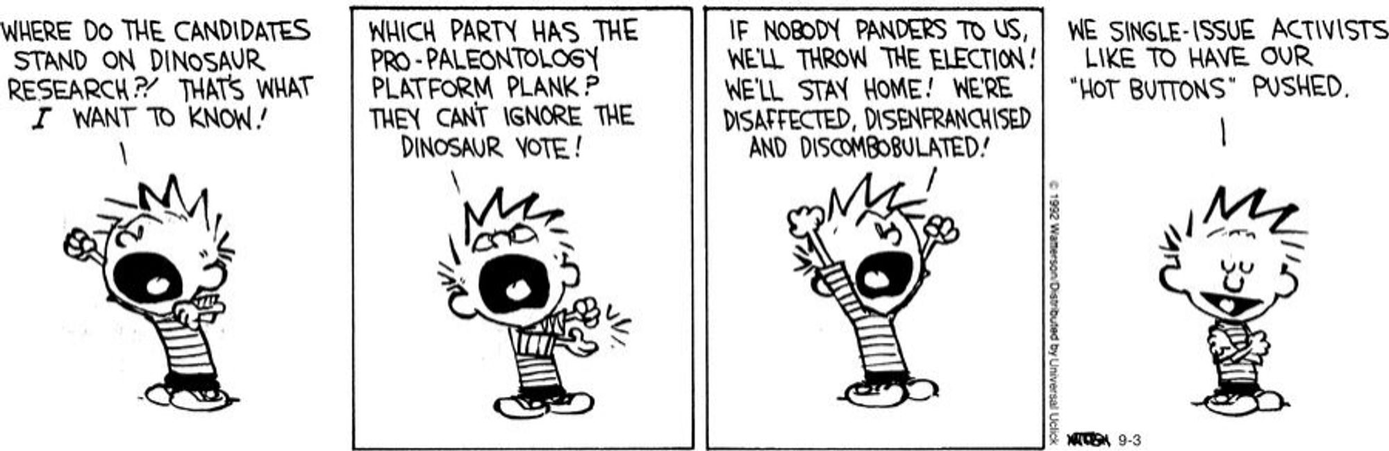 A Calvin & Hobbes Comic strip where Calvin complains about non of the political parties having the issue of dinosaurs on their agenda. He concludes: "We single-issue activists like to have our 'hot buttons' pushed."