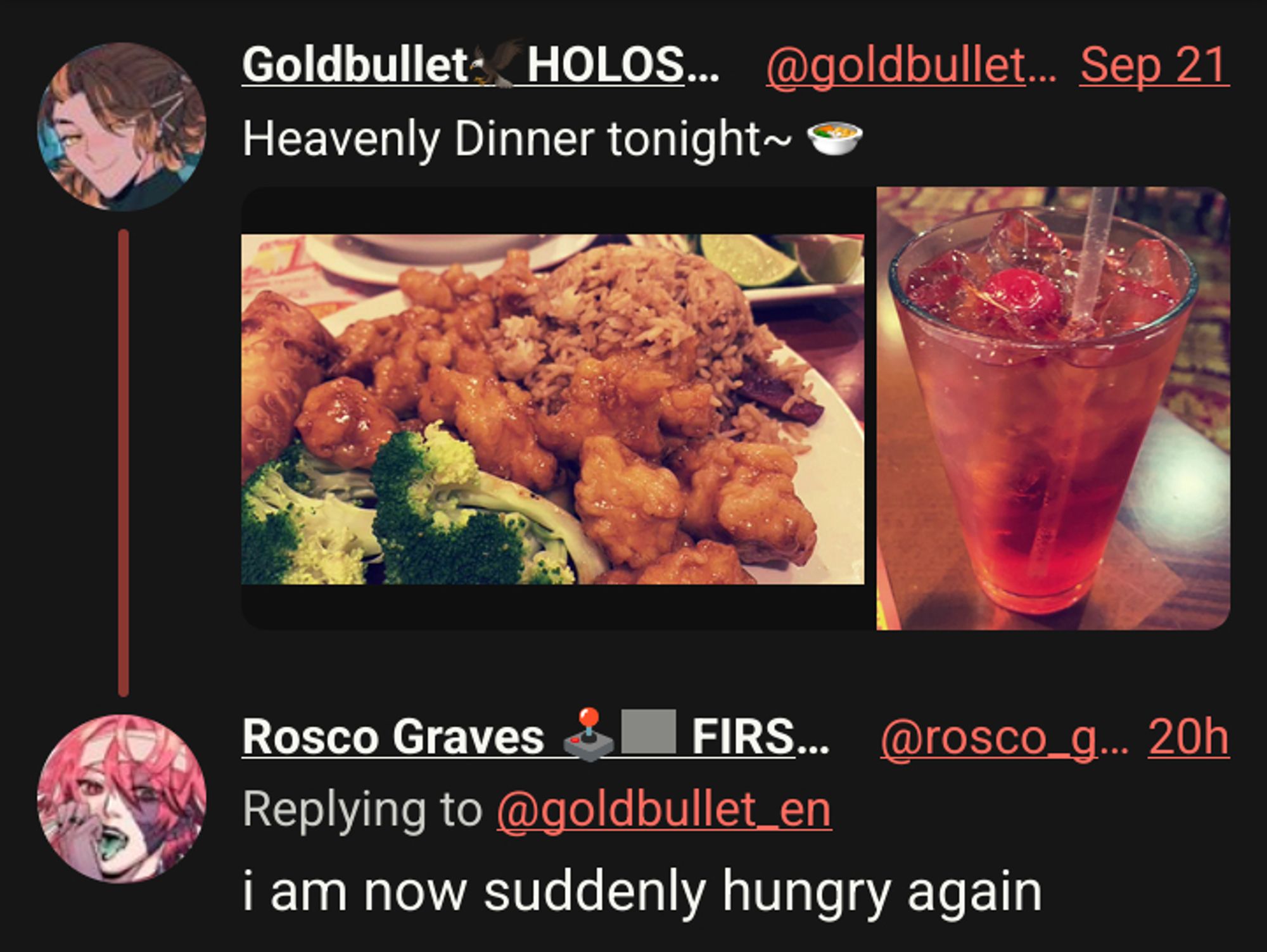 Goldbullet🦅HOLOSTARS EN
Heavenly Dinner tonight~ 🍲
Breaded chicken, steamed broccoli, fried rice, an egg roll, and a cherry Sprite

Rosco Graves 🕹🩻 FIRST STAGE PRODUCTION EN
i am now suddenly hungry again